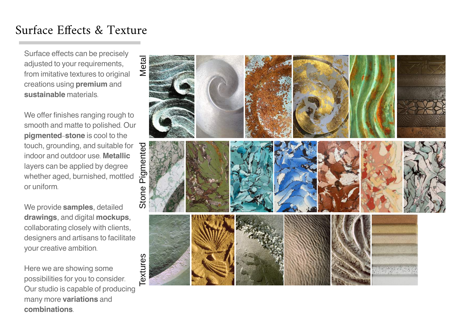 A selection of surface textures and finishes including metallic, pigmented stone, and various textured materials with sample images of each type.