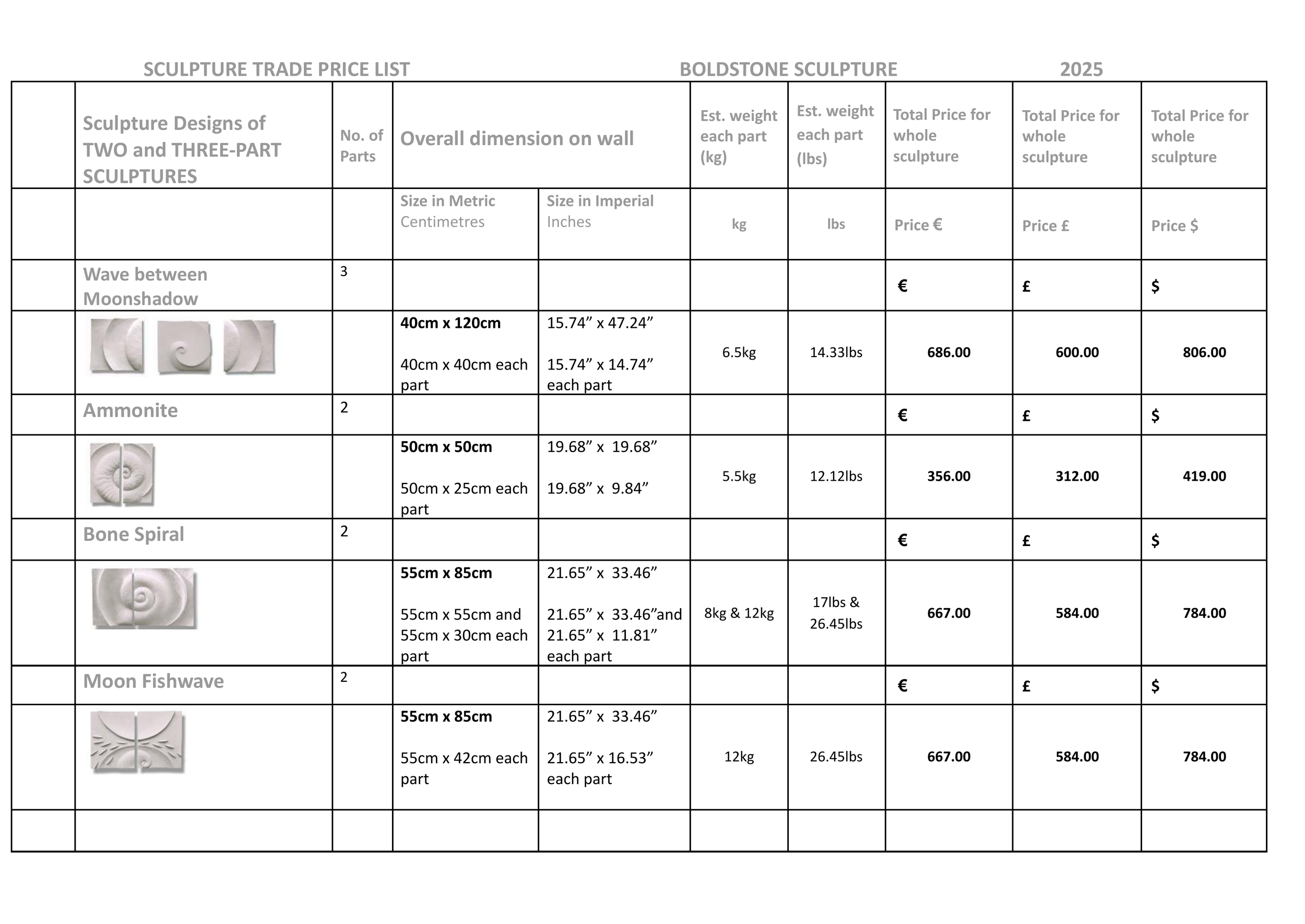 Sculpture trade price list table showing different sculpture designs, number of parts, dimensions, weights, and prices for 2025.