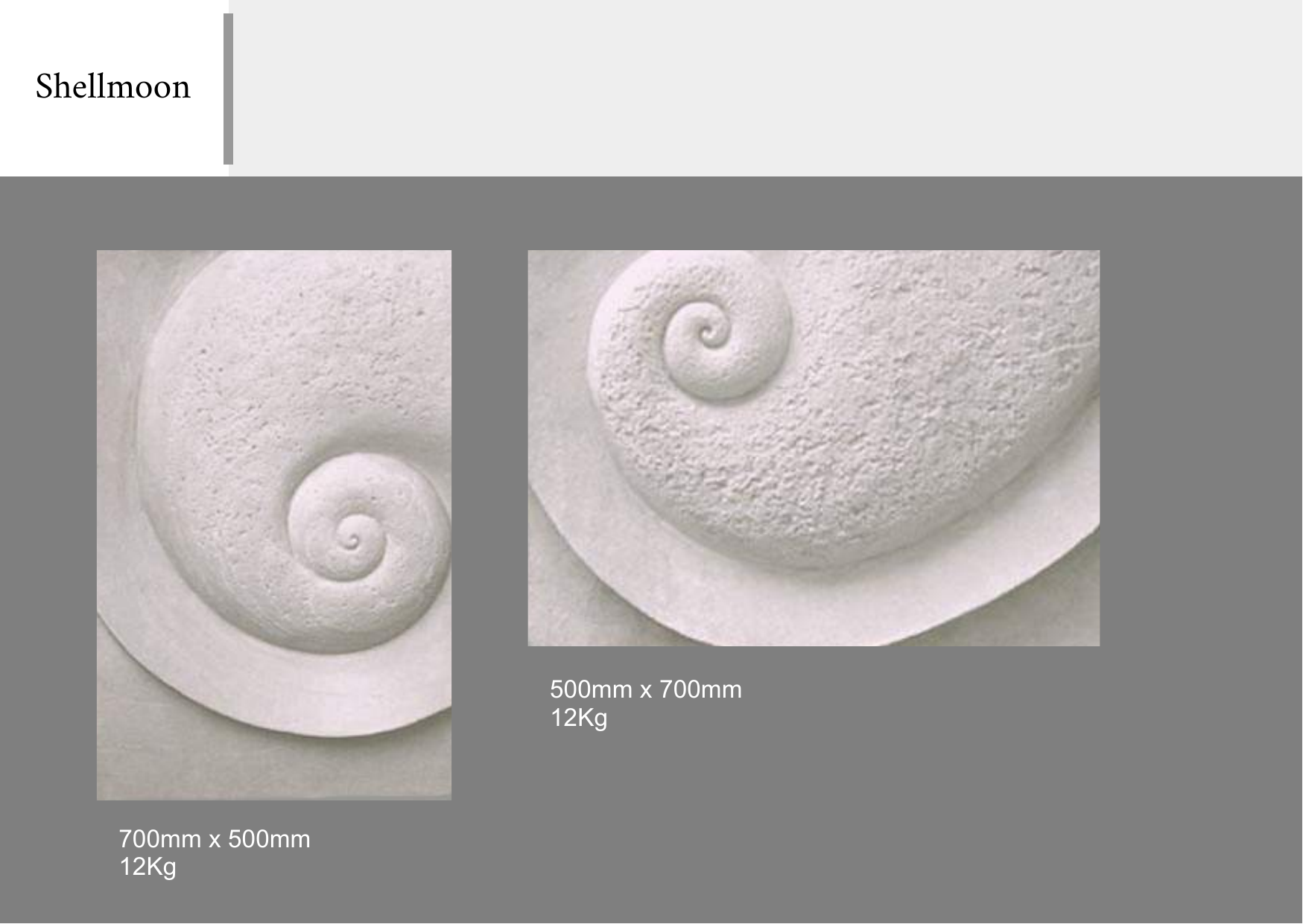 Two white decorative wall sculptures of spiral shells, one measuring 700mm by 500mm and the other 500mm by 700mm, each weighing 12kg.