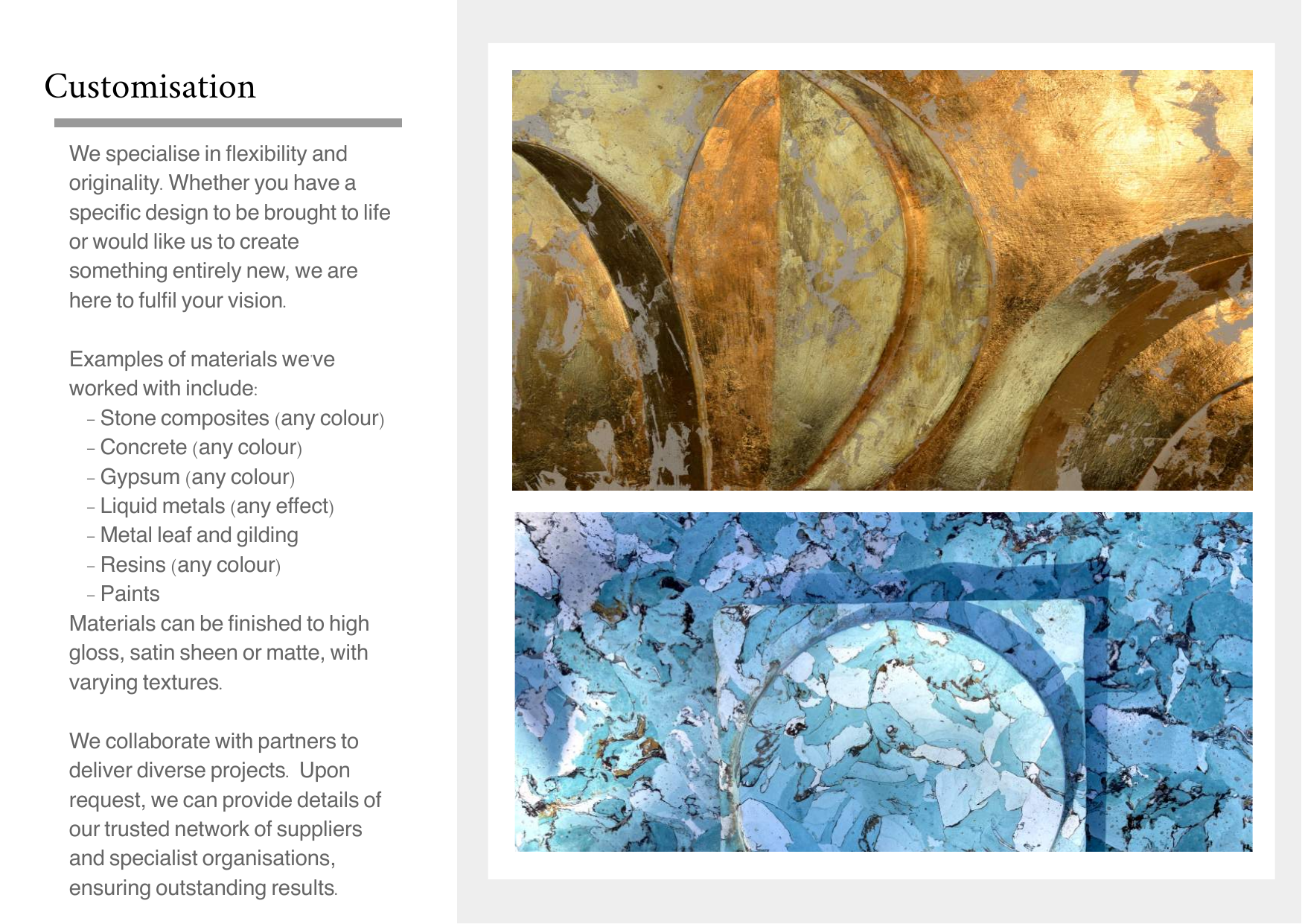 Page about customization with two images of textured and painted materials. The top image shows a gold and bronze textured surface, while the bottom image displays a blue and white marbled pattern.
