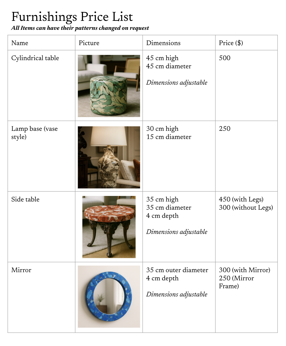 Furnishings price list with images and specifications for a cylindrical table, lamp base, side table, and mirror.