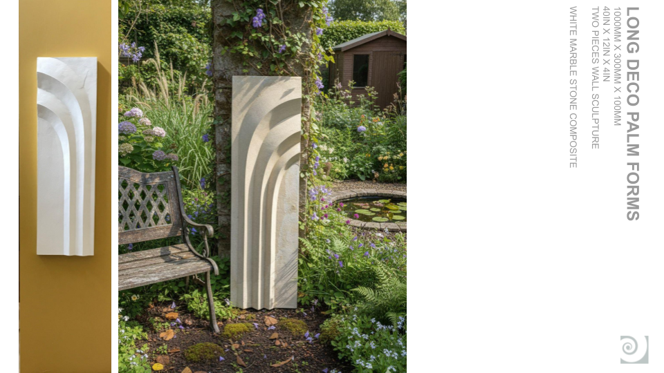 Outdoor garden with three white concrete palm forms, a garden bench, a tree with purple flowers, a wooden shed, and a pond with lily pads.