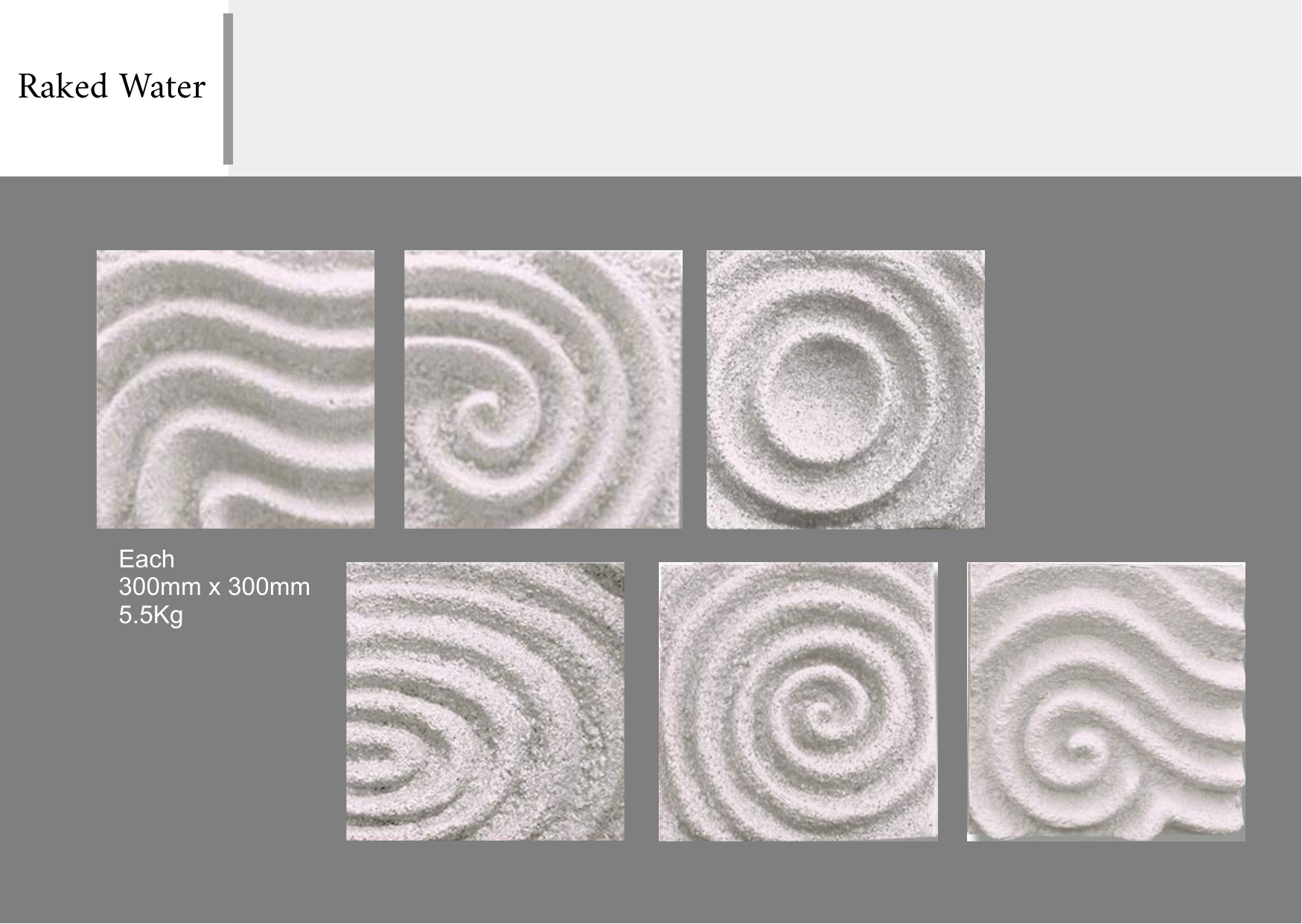 Six images of white crystalline salt with different patterns: wavy lines, spiral, and concentric circles, labeled as 'Raked Water'.