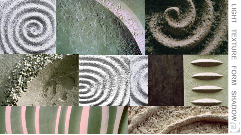 Collage of various sand textures and patterns, including spirals, lines, and ridges.