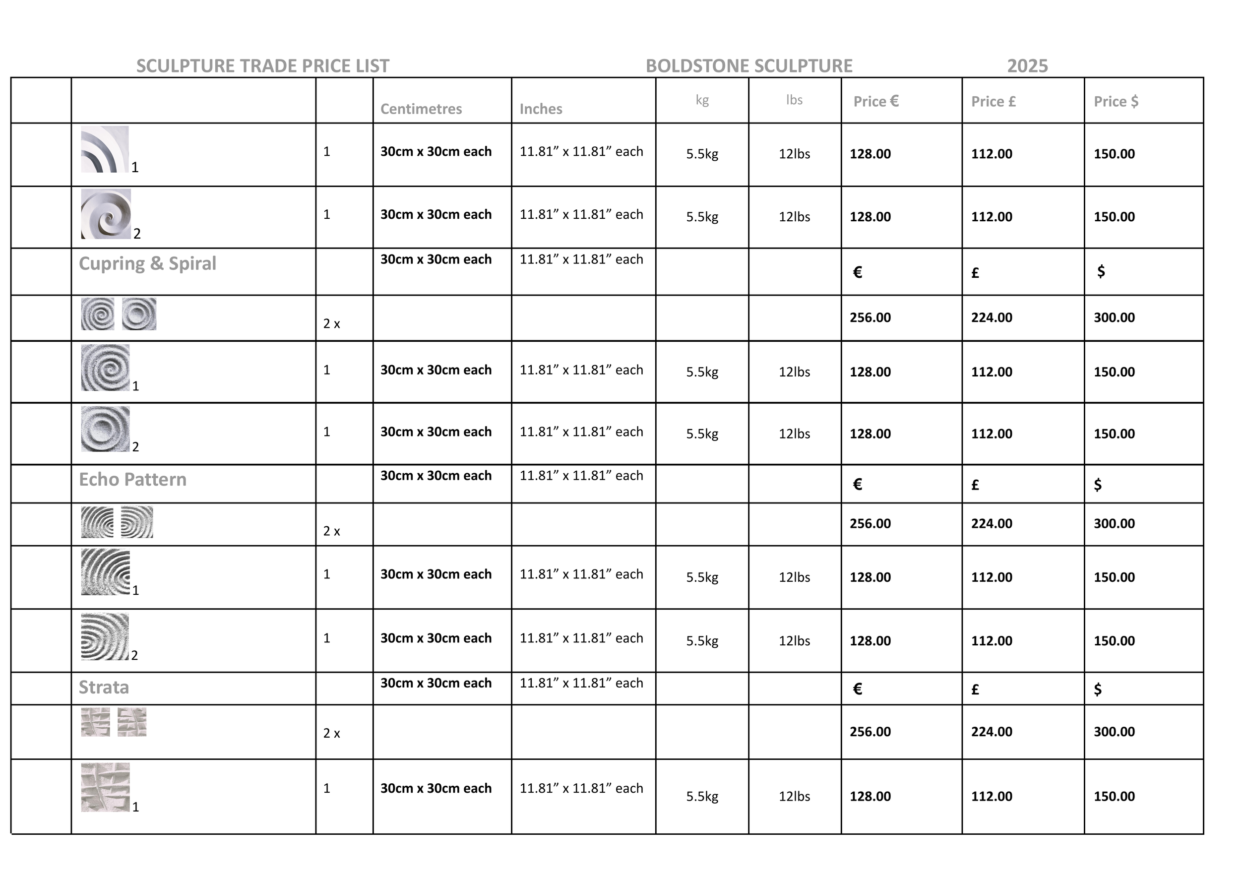Sculpture trade price list with images and prices in euros, pounds, and dollars for different sculpture patterns including spiral, echo pattern, and strata, with dimensions and weights in centimeters, inches, kilograms, and pounds.