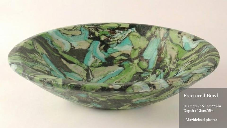 Marbleized plaster fractured bowl with a diameter of 55cm and depth of 12cm, featuring green, black, and light blue swirling patterns.