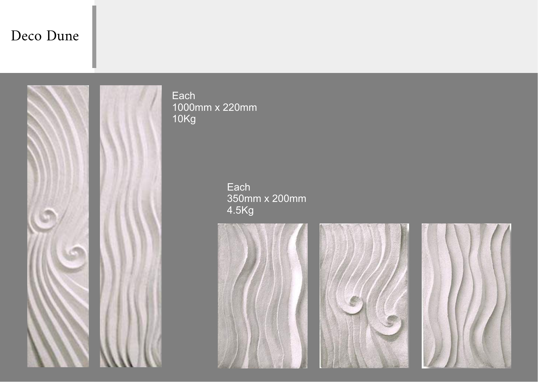 Display of four decorative wall panels with carved patterns, titled 'Deco Dune,' each with dimensions and weights noted. The panels have flowing, wave-like designs with intricate curves and swirls.
