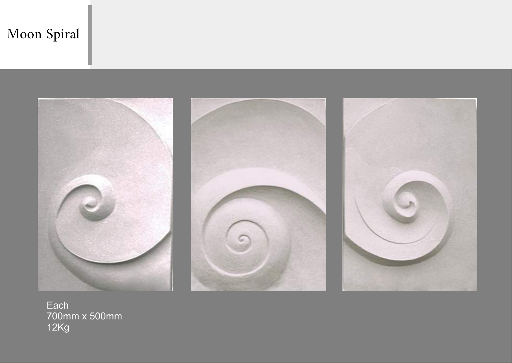 Three white wall sculptures featuring spiral shell designs, each measuring 700mm by 500mm and weighing 12kg, on a gray background titled "Moon Spiral."