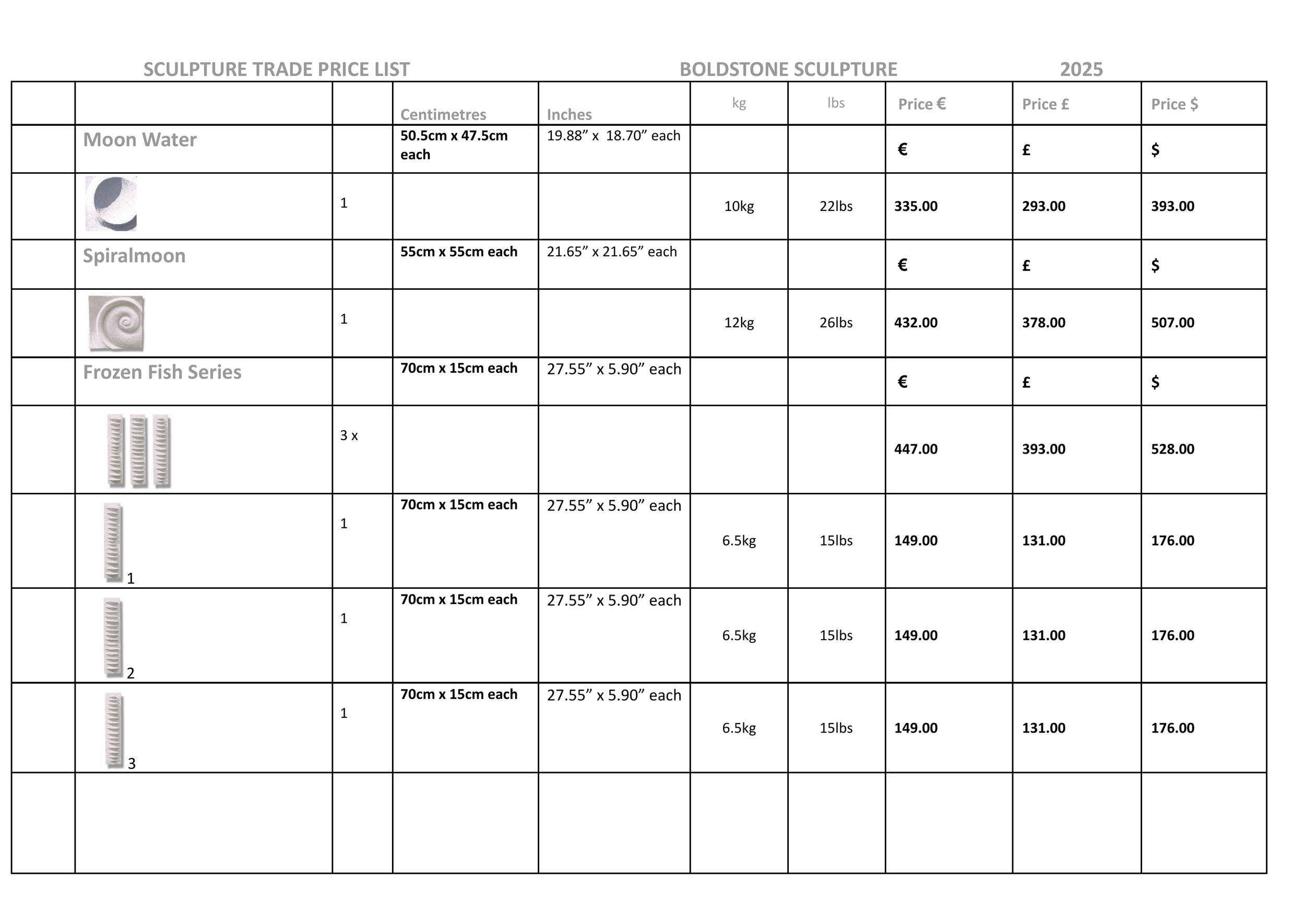 Sculpture trade price list for Boldstone Sculpture in 2025, including various stone sculptures like Moon Water, Spiralmoon, Frozen Fish Series, with dimensions, weights, and prices in euros, pounds, and dollars.