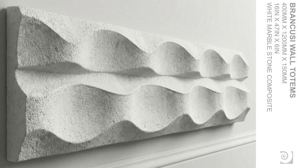 A white marble stone three-dimensional wall art sculpture with wavy, undulating ridges.