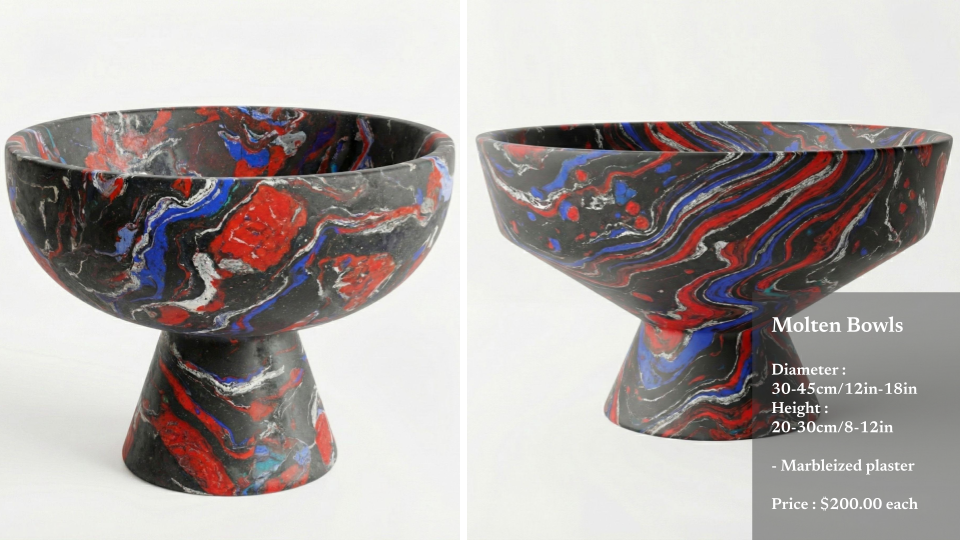 Two colorful marbleized plaster molten bowls with a swirling pattern in red, black, blue, and white, shown from different angles on a white background, with a gray overlay describing their size, material, and price.