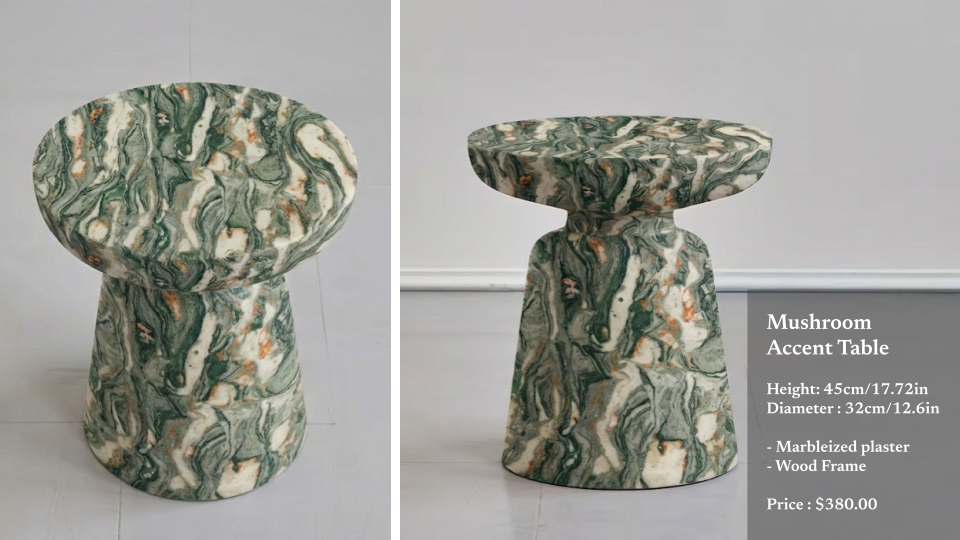A mushroom-shaped accent table with a marbled green and orange design, made of plaster with a wood frame. The table has a rounded top and a cylindrical base, and is shown from two angles against a plain wall. It is labeled as a "Mushroom Accent Table