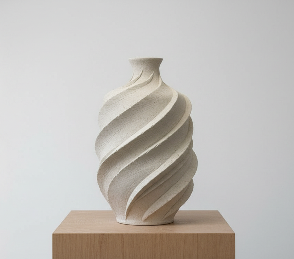 White ceramic vase with a spiral, wave-like design on a wooden pedestal against a plain background.