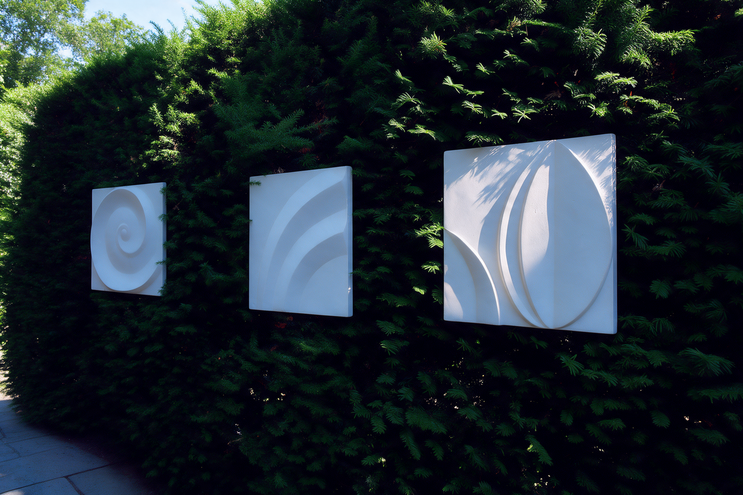 White acanthus flower wall sculpture mounted on a garden wall among foliage, lit at night
