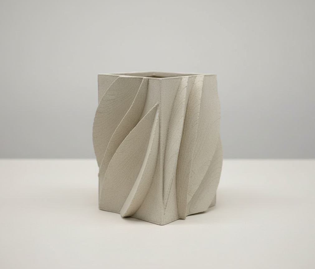 A beige ceramic vase with a textured, abstract design of curved, layered shapes, placed on a white surface against a plain background.