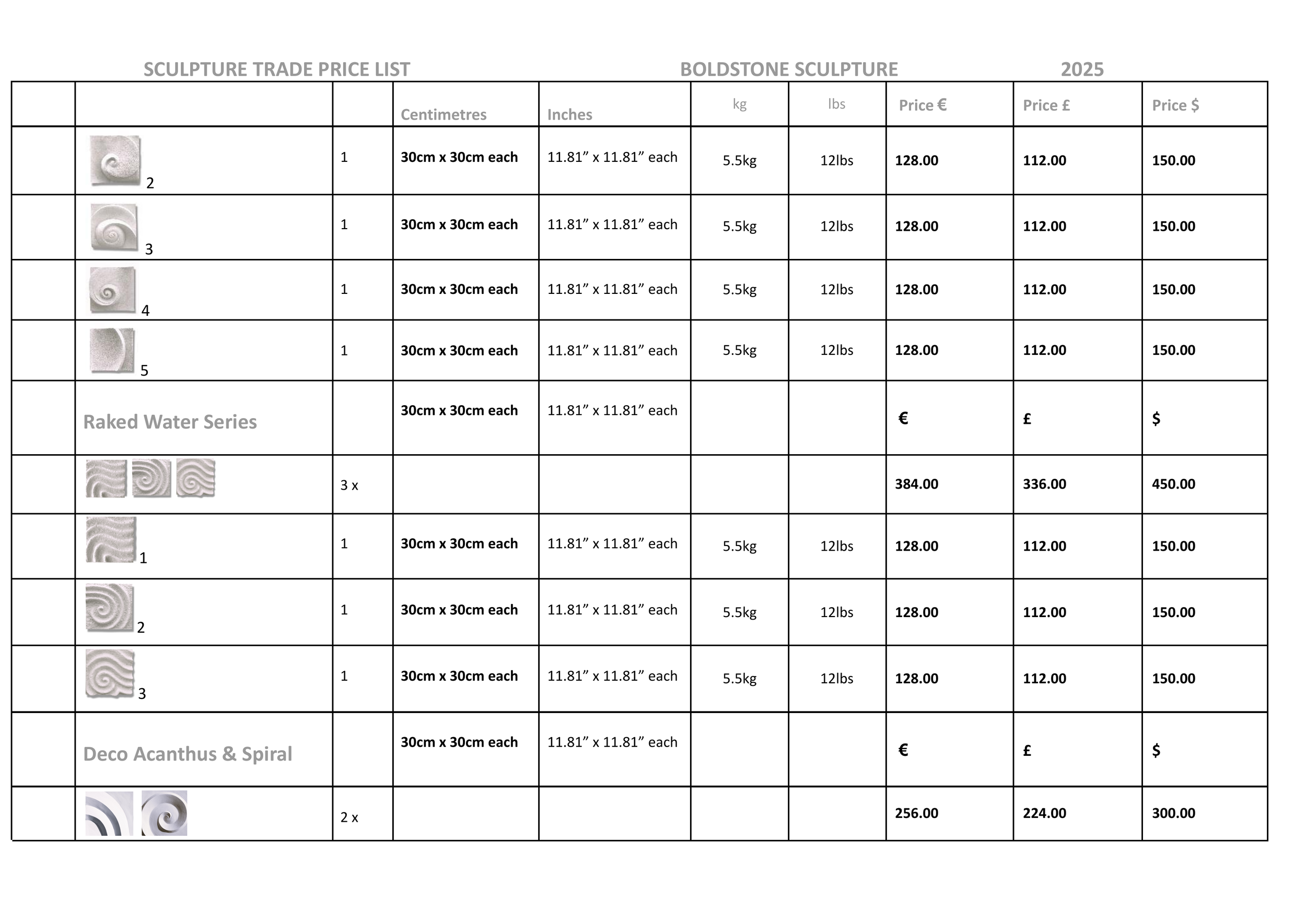 Sculpture trade price list for Boldstone Sculpture, 2025, featuring various sculptures with specifications, measurements, weights, and prices in euros, pounds, and dollars, including images of different sculpture designs such as spirals and textured