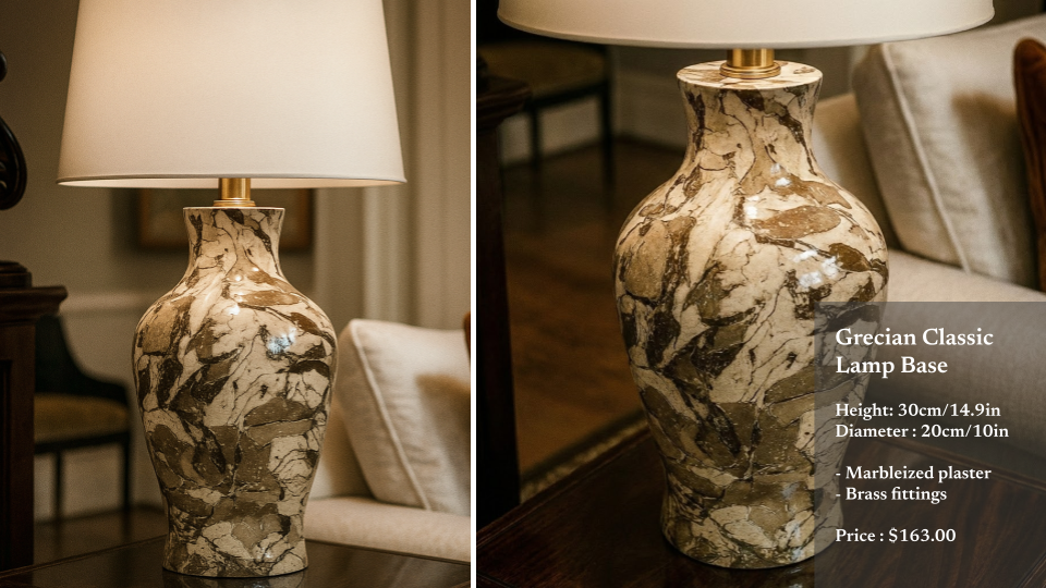 A classic Grecian-style lamp base made of marbleized plaster with brass fittings on a wooden table in a living room setting.