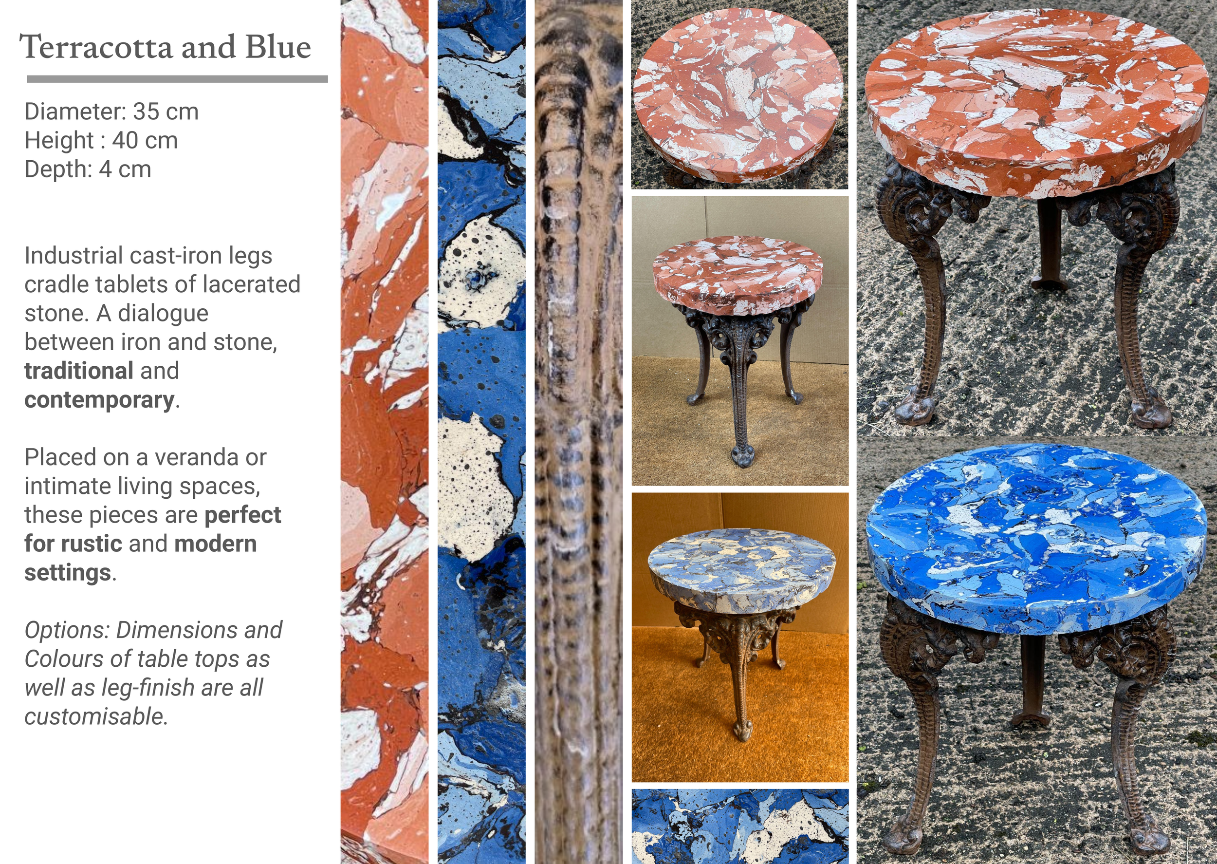 A detailed description of a terracotta and blue marble tabletop, including close-up images of the marble pattern in reddish orange with white and blue with white, and images of the table with ornate black cast-iron legs. The table measurements are 35