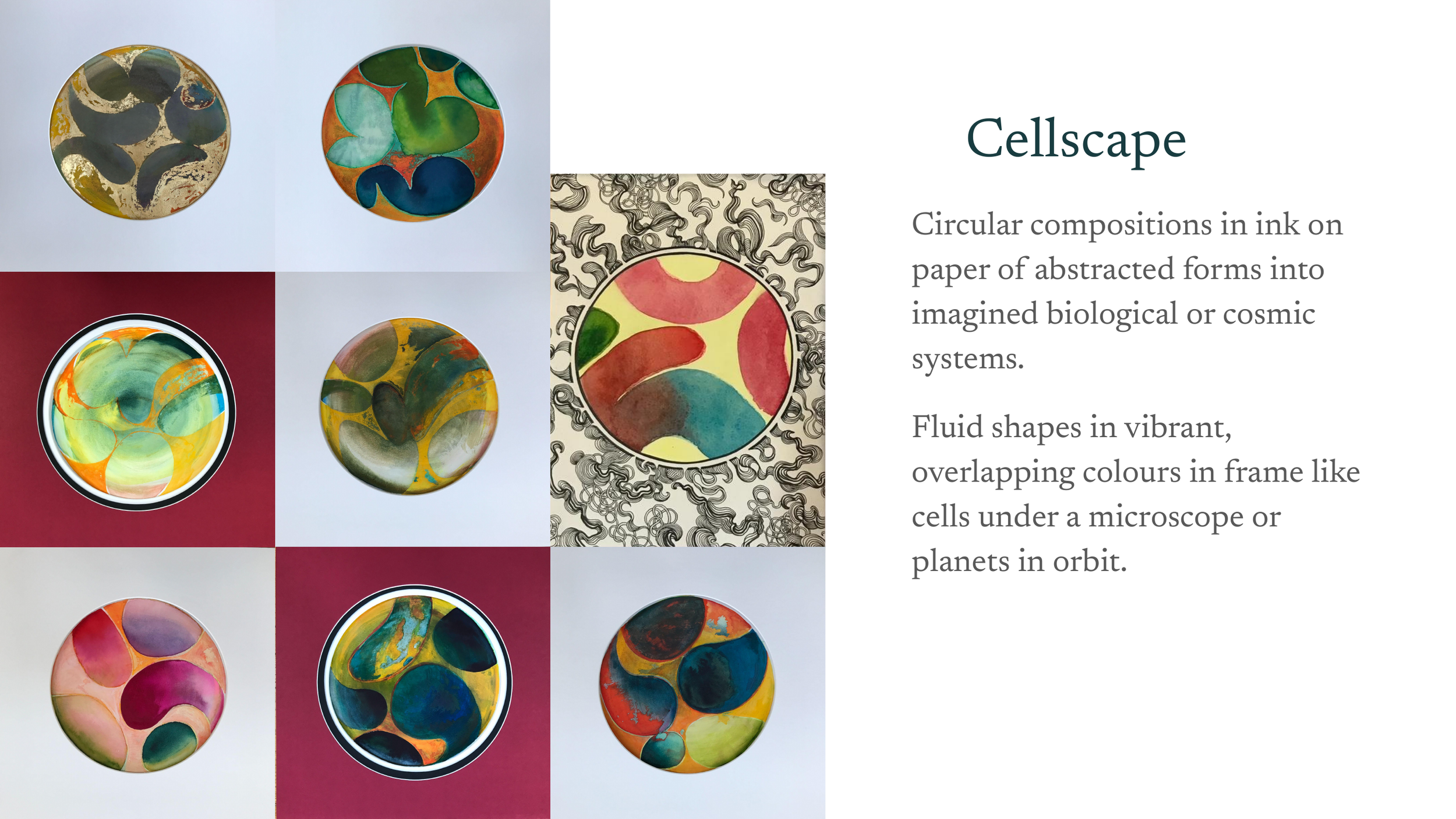 A collage of nine circular ink compositions with abstract, vibrant, overlapping forms. The right side of the image contains text explaining the concept of Cellsapce, describing how these fluid shapes resemble biological or cosmic systems.