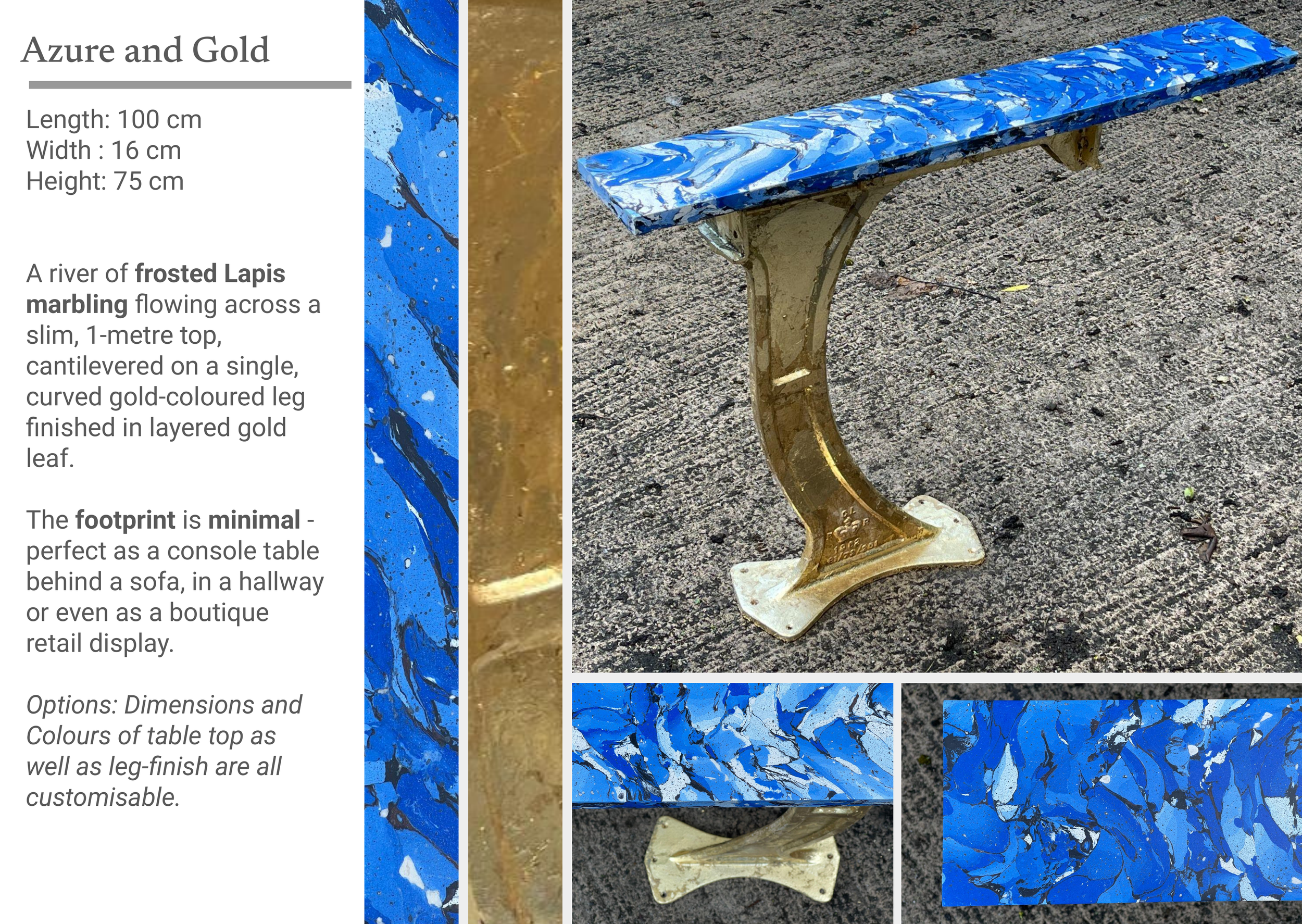 A blue and gold marble-patterned bench with a gold-colored curved leg, placed on a gravel surface outdoors.