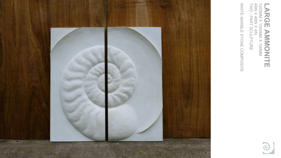 Two-part white marble sculpture of a spiral ammonite fossil leaning against a wooden wall.