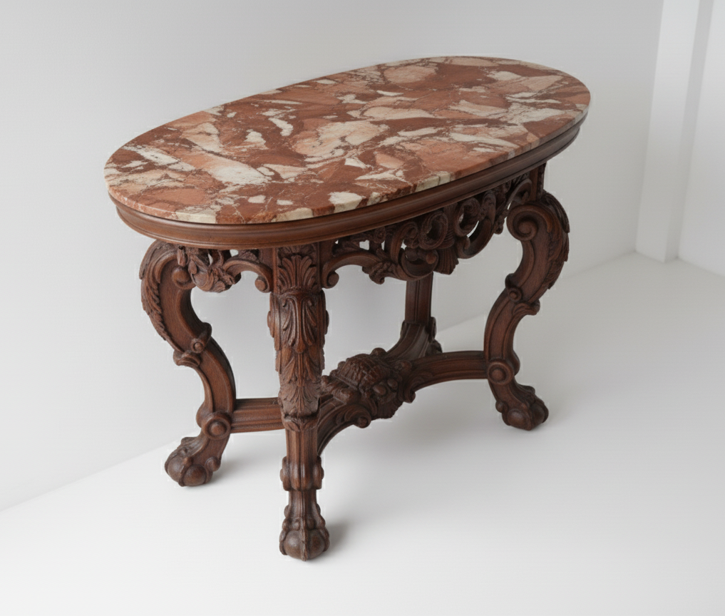 Wooden table with a marble top in a white room