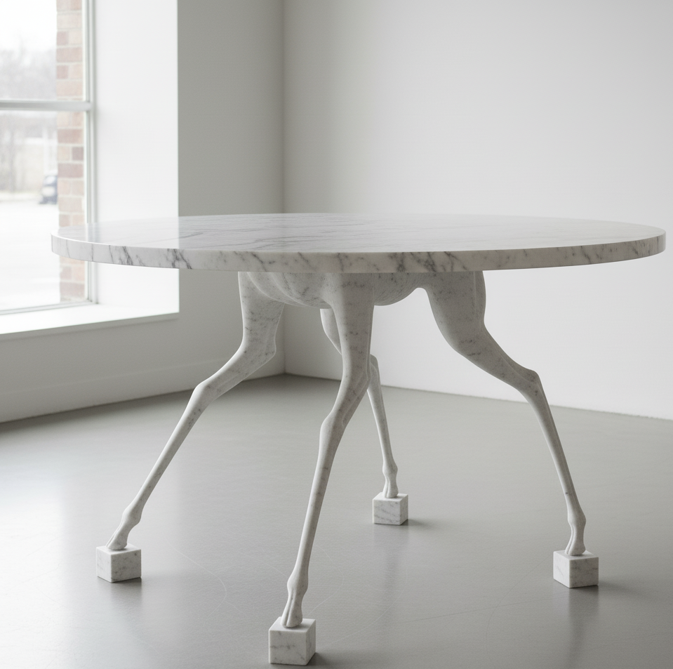 A unique round marble table with legs resembling animal hooves, created from polished white marble with natural veining, positioned near a window in a minimalistic room.