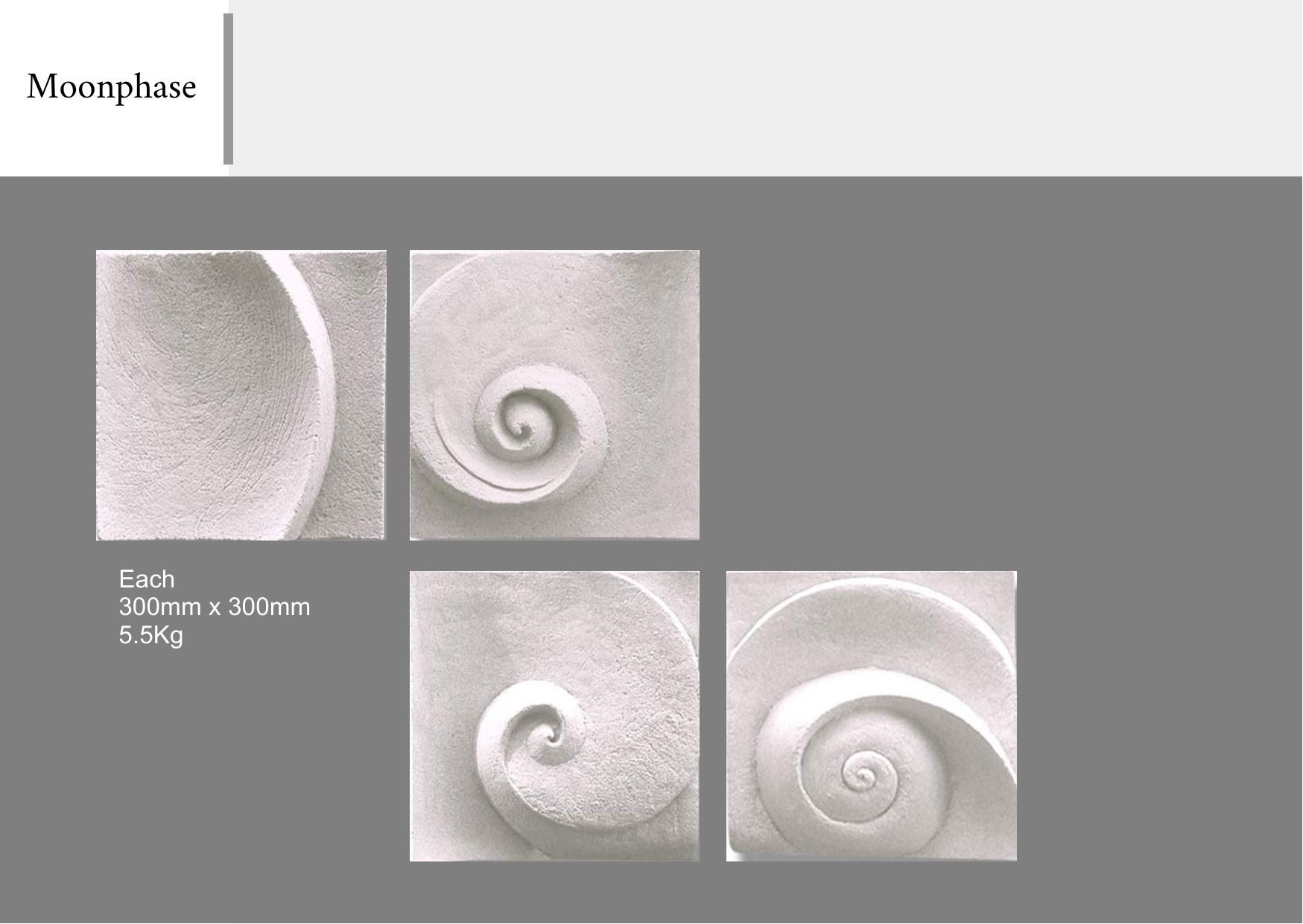 Four images of white spiral shells on a light background, arranged in a 2x2 grid, with text indicating each shell measures 300mm by 300mm and weighs 5.5kg, under a label that reads "Moonphase."