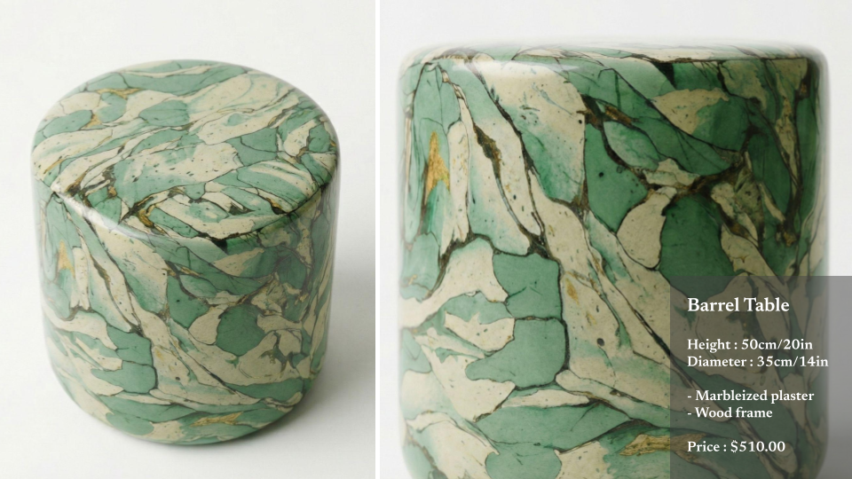 Marbleized green and white barrel-shaped table with a wood frame, displayed from top and side views, with a price of $510.