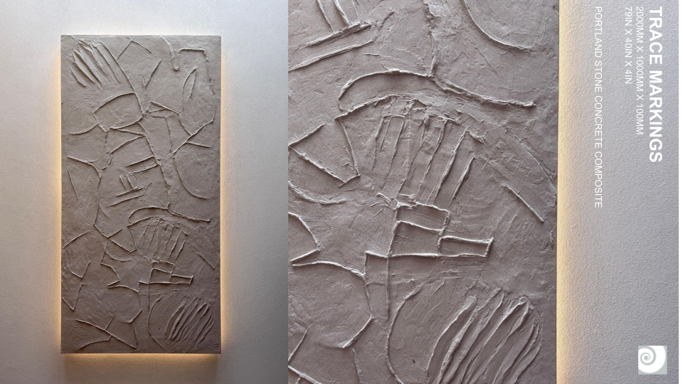 Textured artwork titled 'Trace Markings' showing fossil-like imprints and scratch marks on a concrete surface, with dimensions and material information.