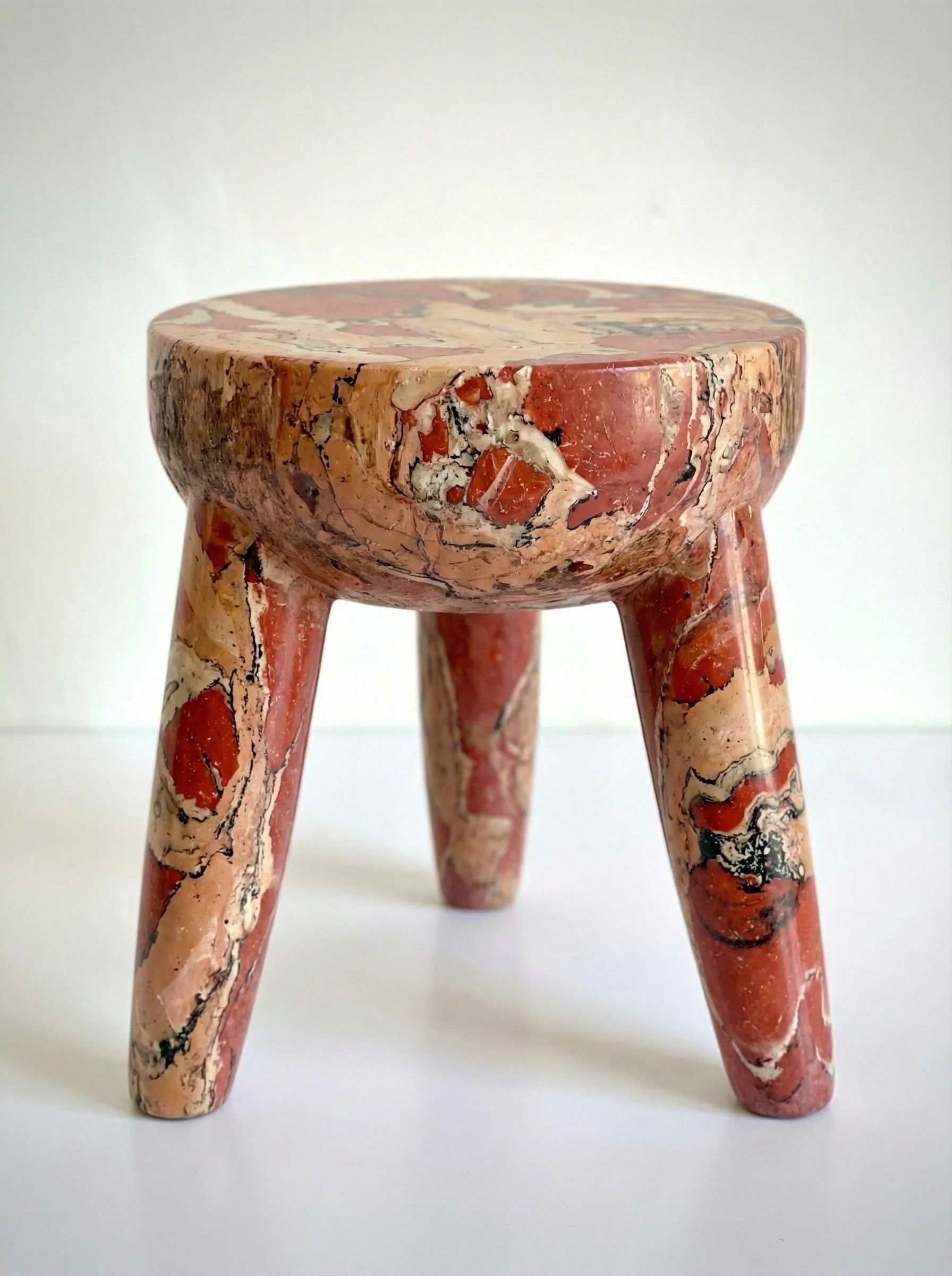 Crimson Stone Decorative Stool seen from the side, showing its tapered legs and marbled top