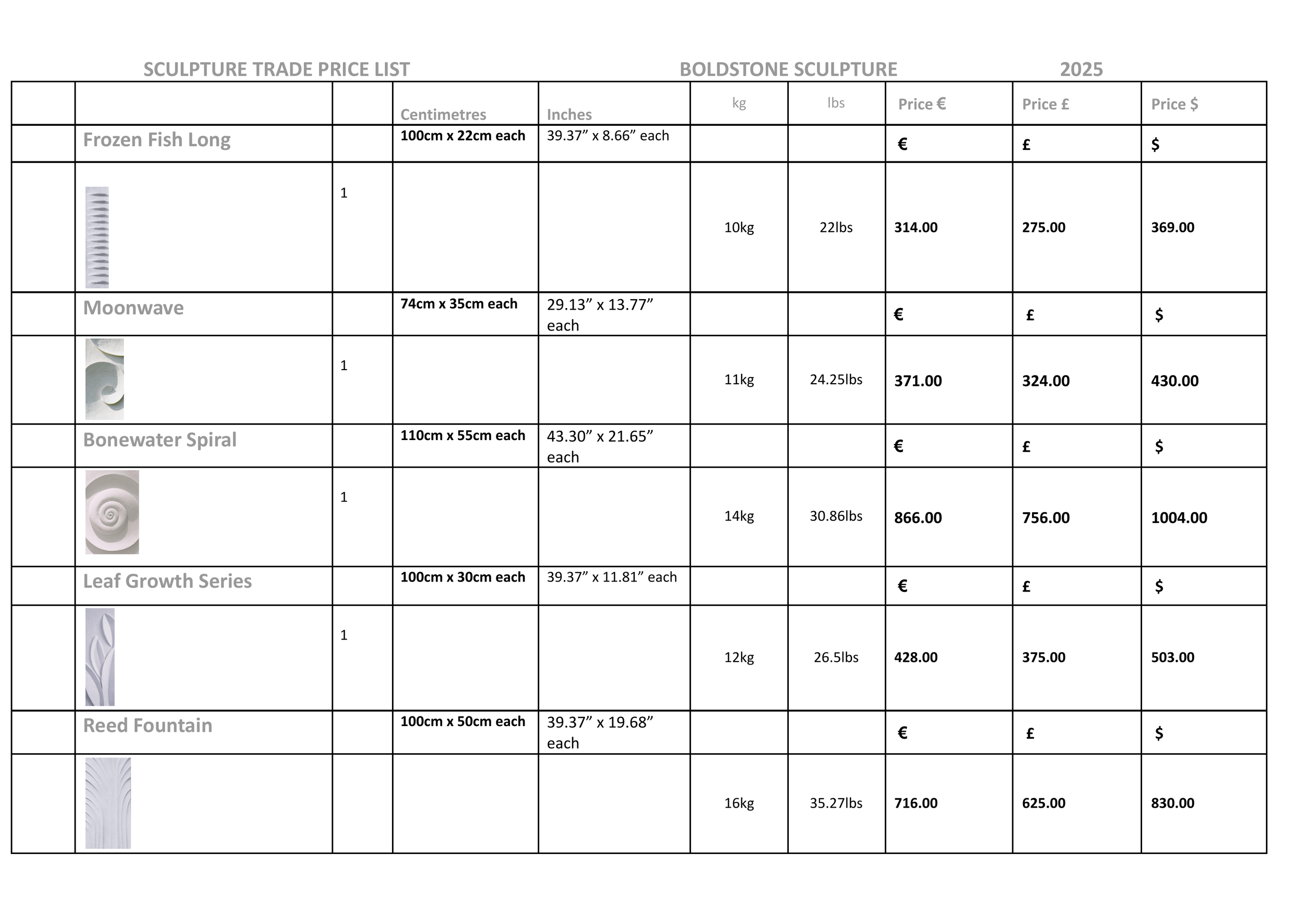 Sculpture trade price list table with details and prices for various sculptures including Frozen Fish Long, Moonwave, Bonewater Spiral, Leaf Growth Series, and Reed Fountain, dated 2025.