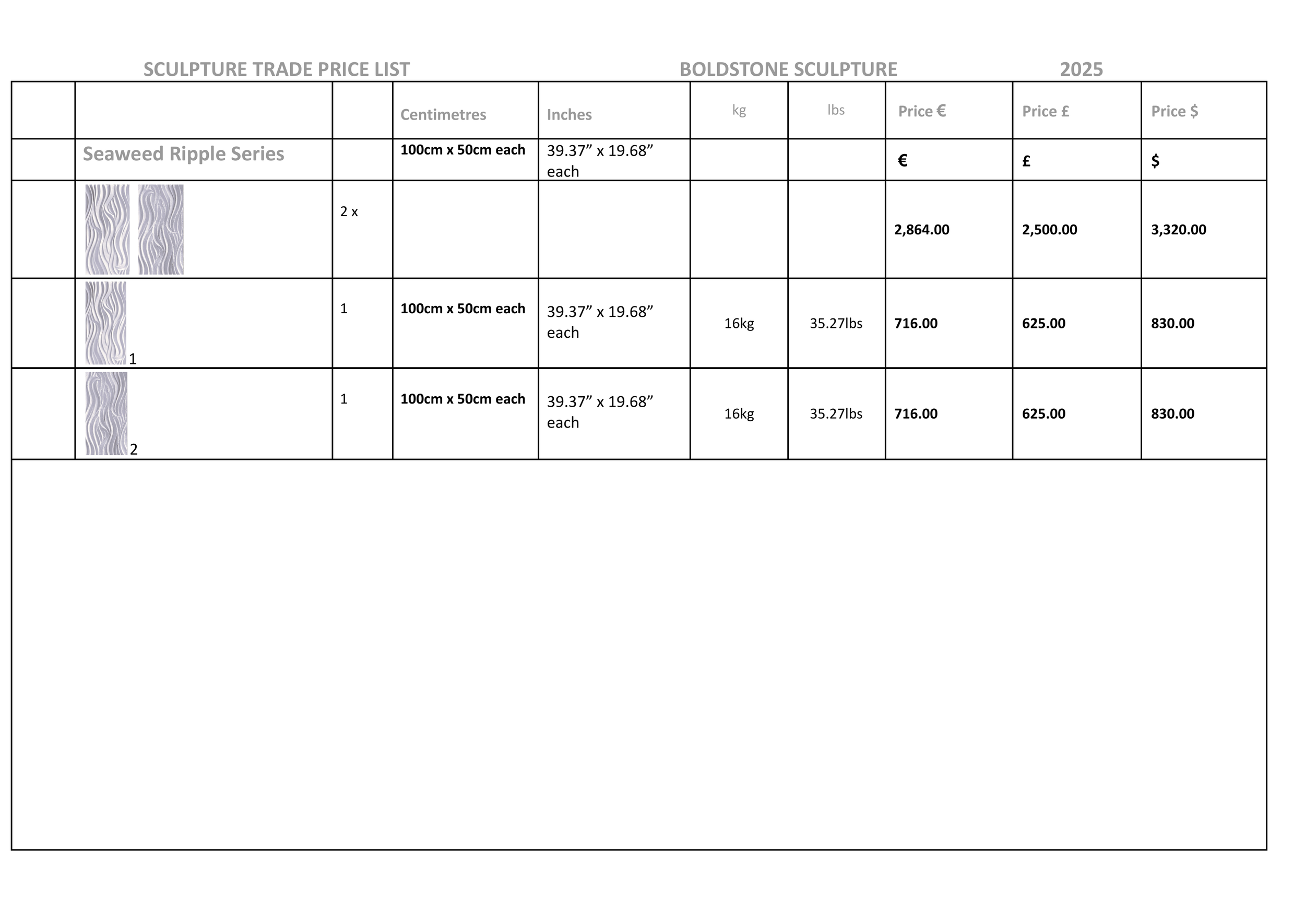 Sculpture trade price list for Seaweed Ripple Series, showing dimensions, weight, and prices in euros, pounds, and dollars for different pieces, with images of the sculptures.
