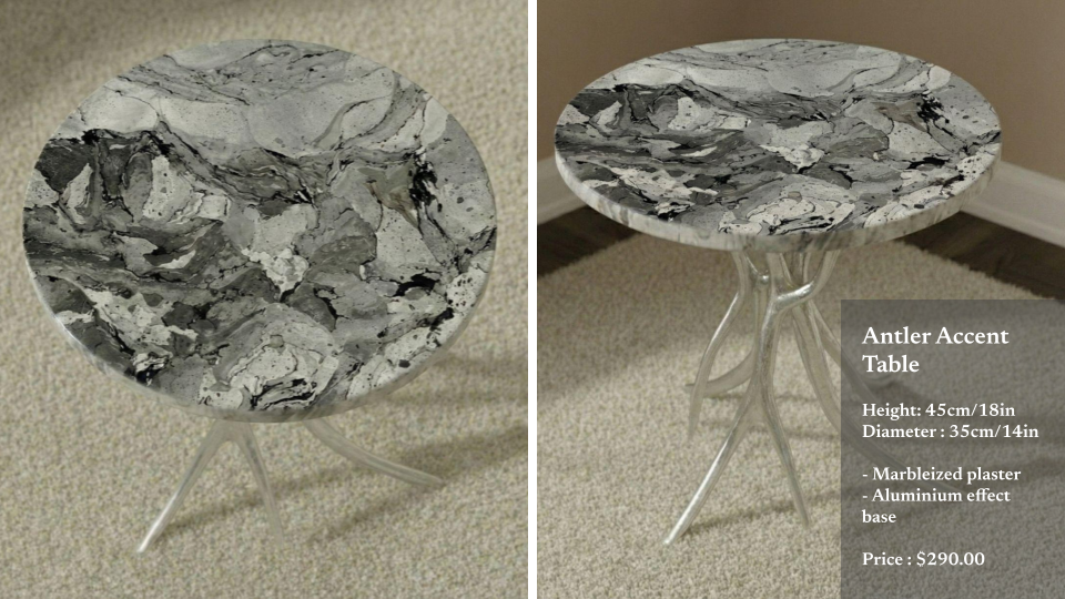A small round side table with a marbleized black, white, and gray top and a clear, sculptural aluminum-effect base. The table is displayed from two angles, showing its height of 45 cm (18 inches) and diameter of 35 cm (14 inches). It is titled 'Antle