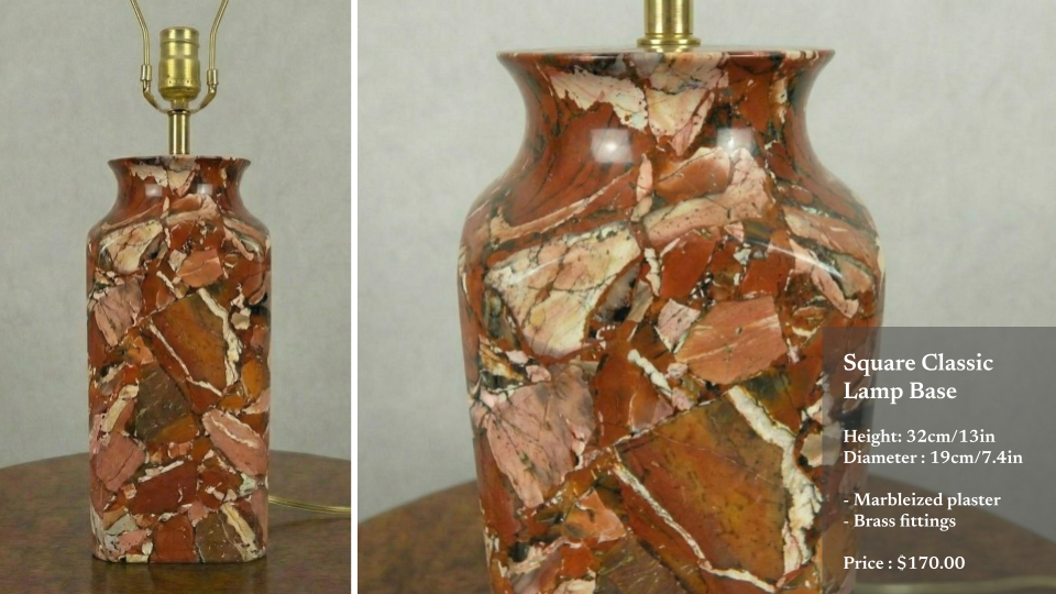A square-shaped classic lamp base made of marbleized reddish-brown plaster with brass fittings, measuring 32 cm tall and 19 cm wide, with a brass electrical fixture on top, priced at $170.