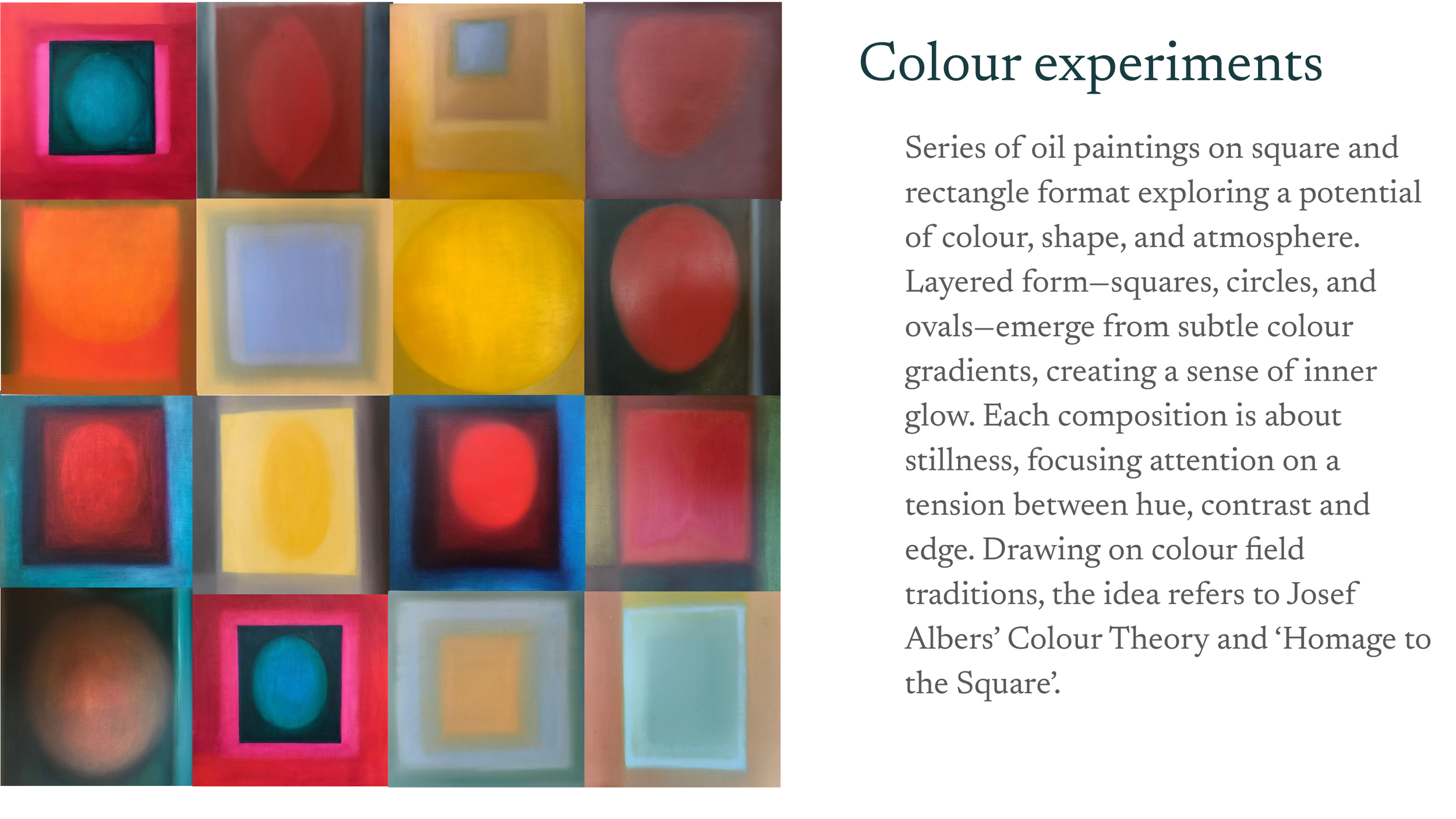 An art display titled 'Colour experiments' featuring a series of 16 oil paintings in square and rectangular formats with layered colors, gradients, and subtle shifts in hue and contrast.