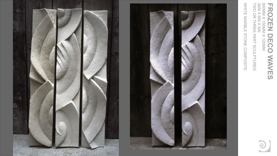 Two marble sculptures titled Frozen Deco Waves, each consisting of three part sculptures with swirling wave designs, made of white marble stone, depicted side by side against a dark background.