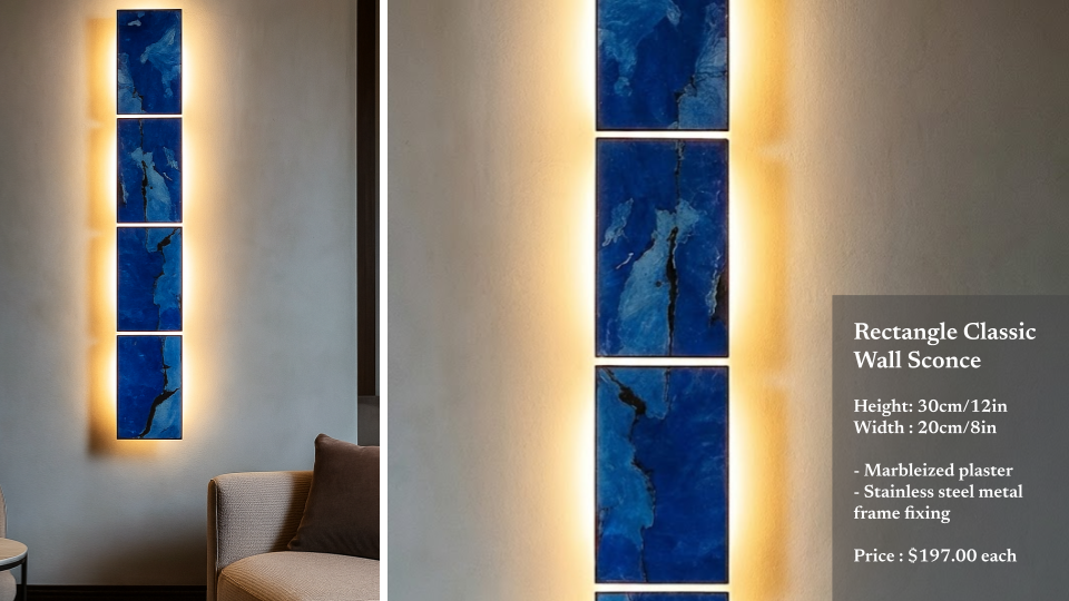Decorative blue marbleized plaster wall sconces with stainless steel frame fixing, installed on a wall in a modern interior.