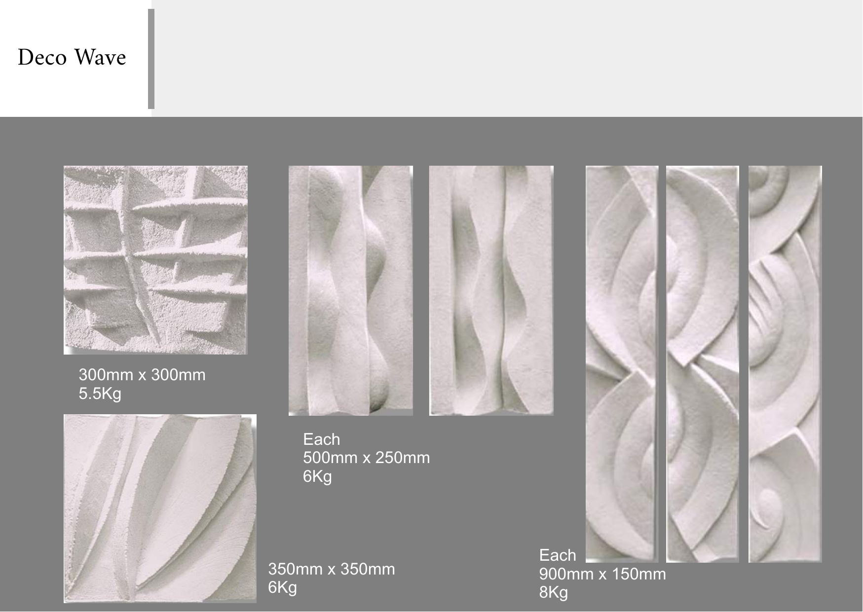 Display of decorative plaster wall textures labeled Deco Wave with dimensions and weight, including patterns of geometric and floral designs.