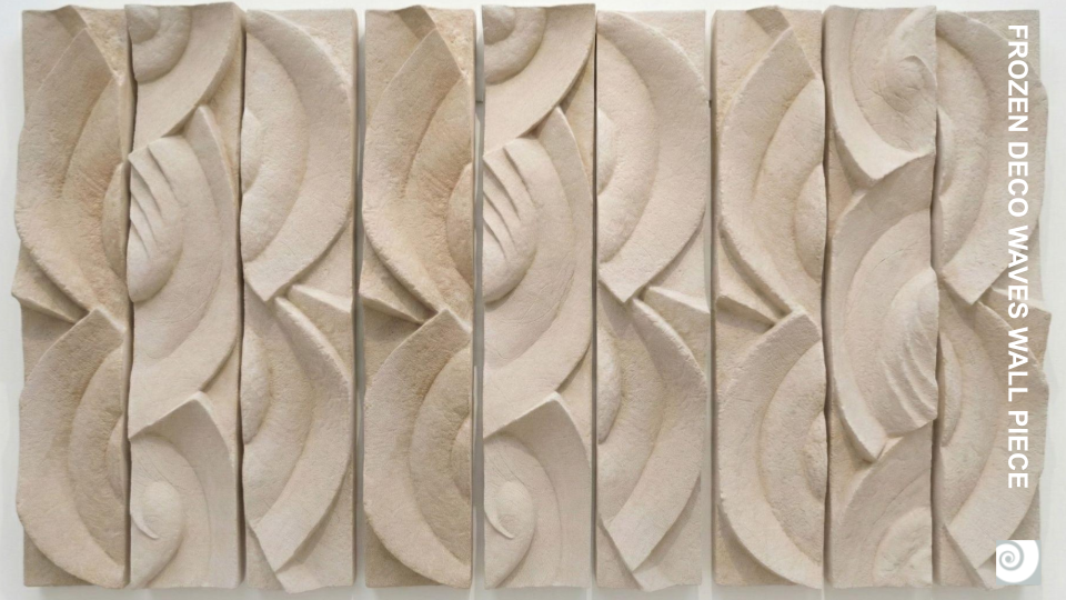 Decorative wall panel with a 3D abstract wave pattern in a cream color, consisting of six rectangular segments.