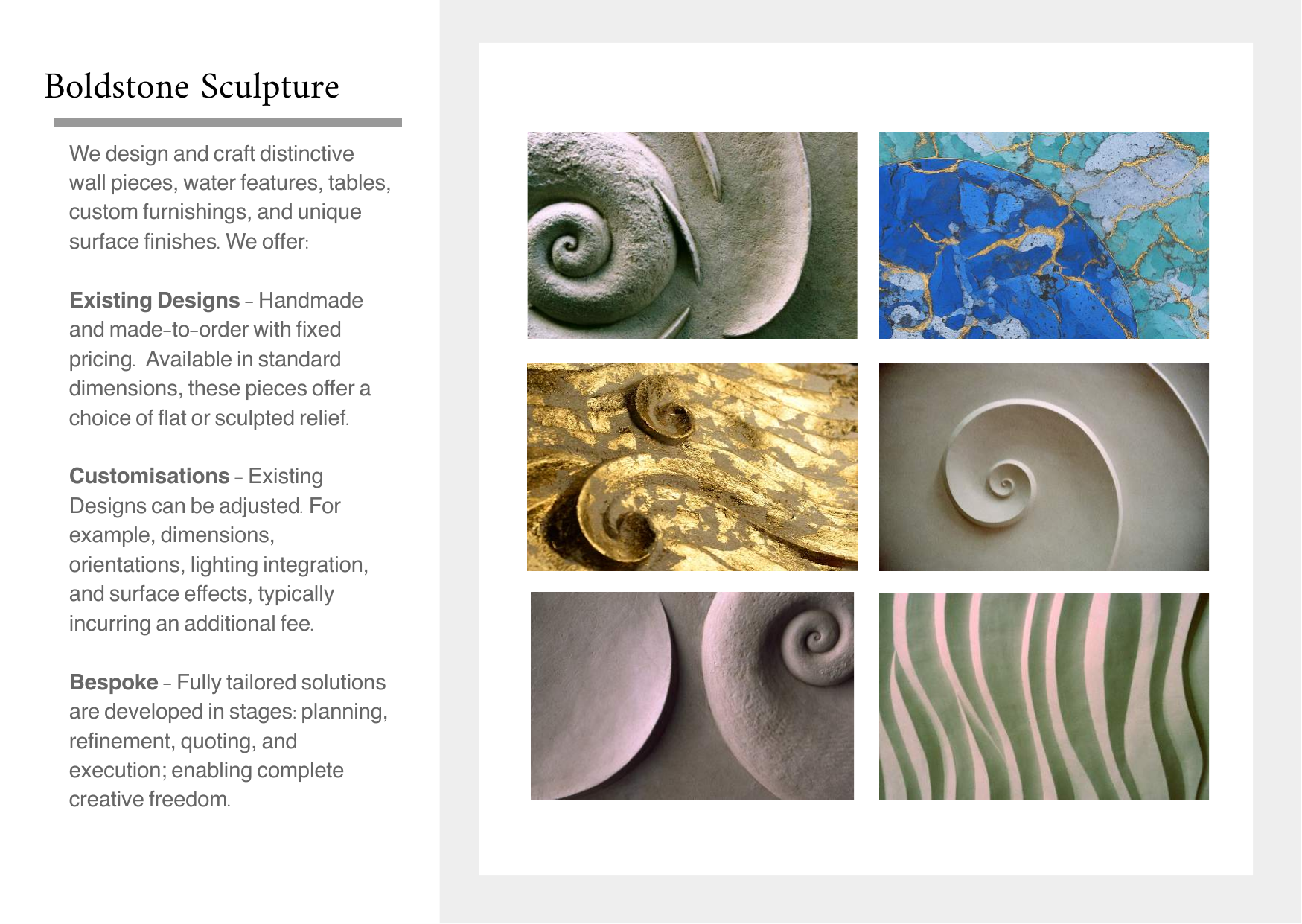 A brochure page for Boldstone Sculpture showcasing six images of textured, spiral-shaped sculptures and decorative surfaces in various colors and finishes