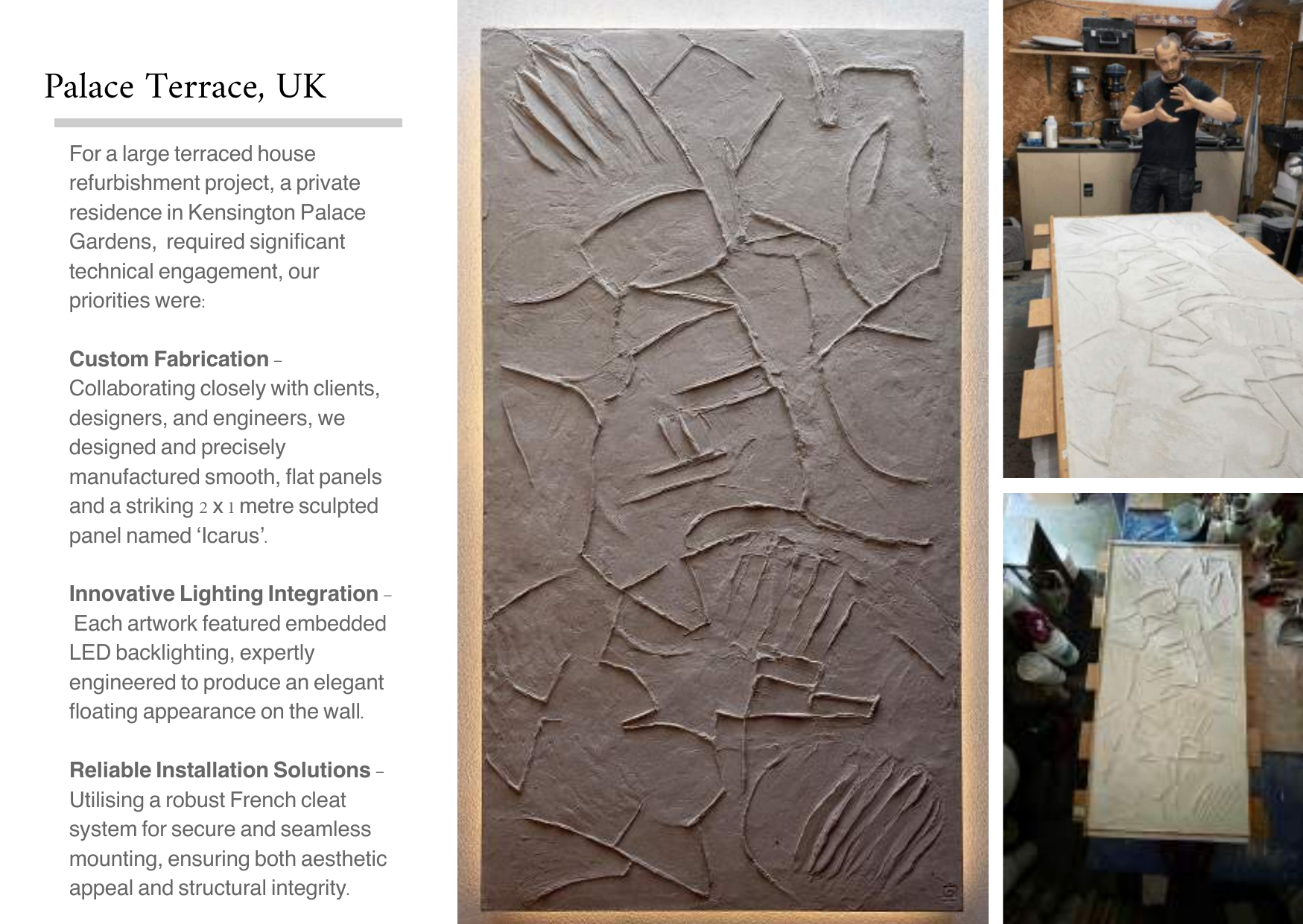 Text and photos of a textured wall panel with relief carving, and people working on a large flat panel in a workshop.