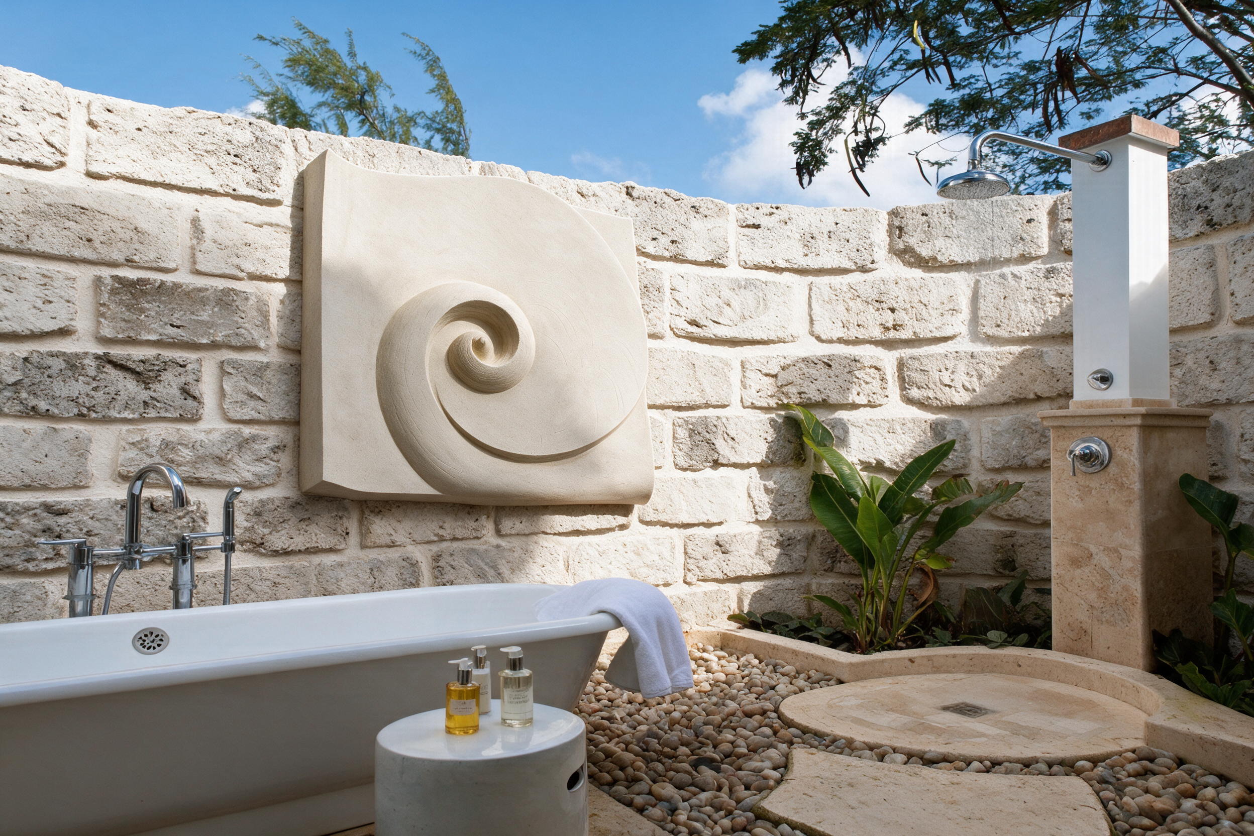 Barbados Wave spiral wall sculpture mounted on a stone terrace wall beside a pool