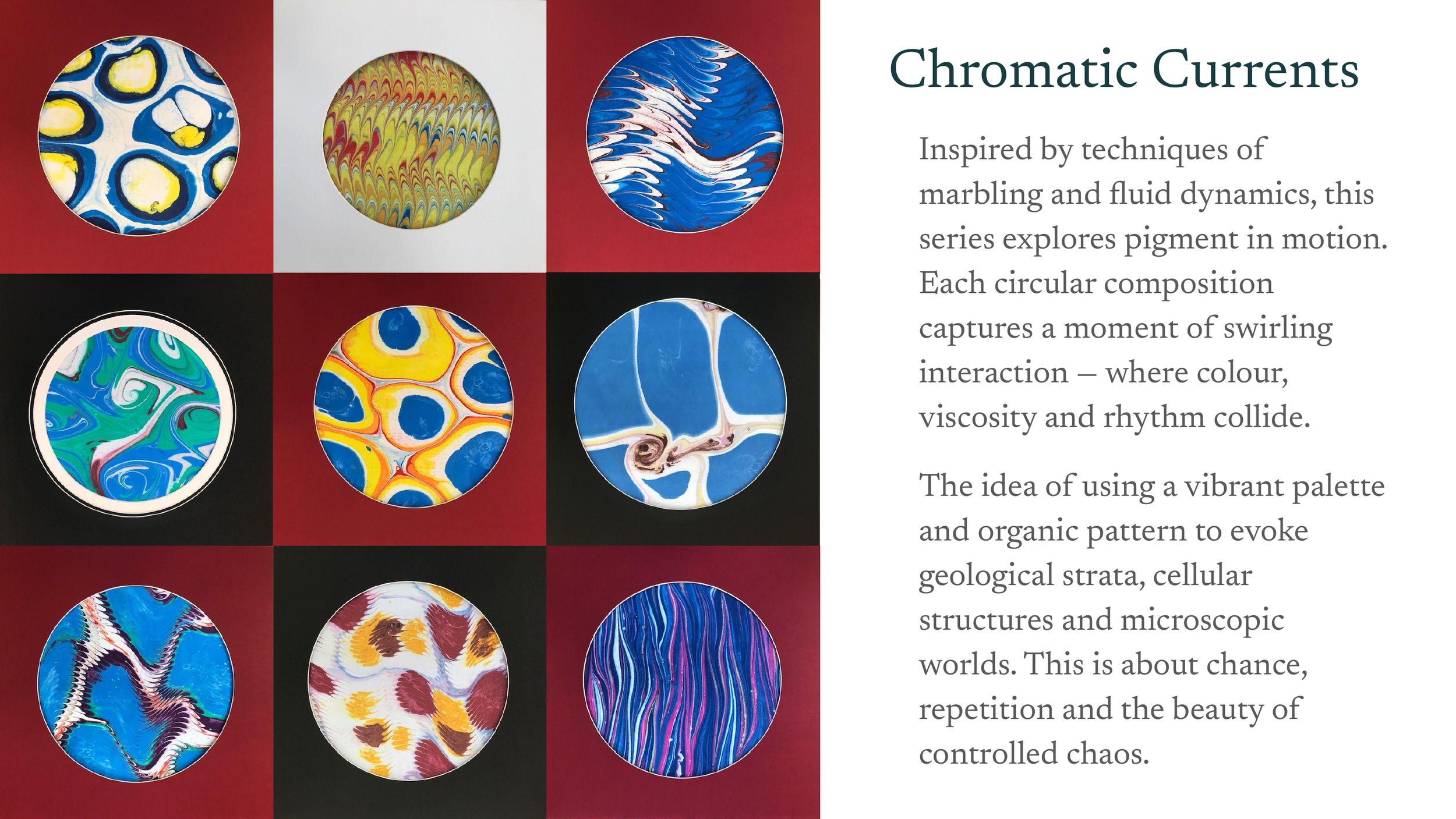 A grid of nine circular images showcasing vibrant, marbled patterns inspired by fluid dynamics and pigment motion, with varied colors and swirling designs.