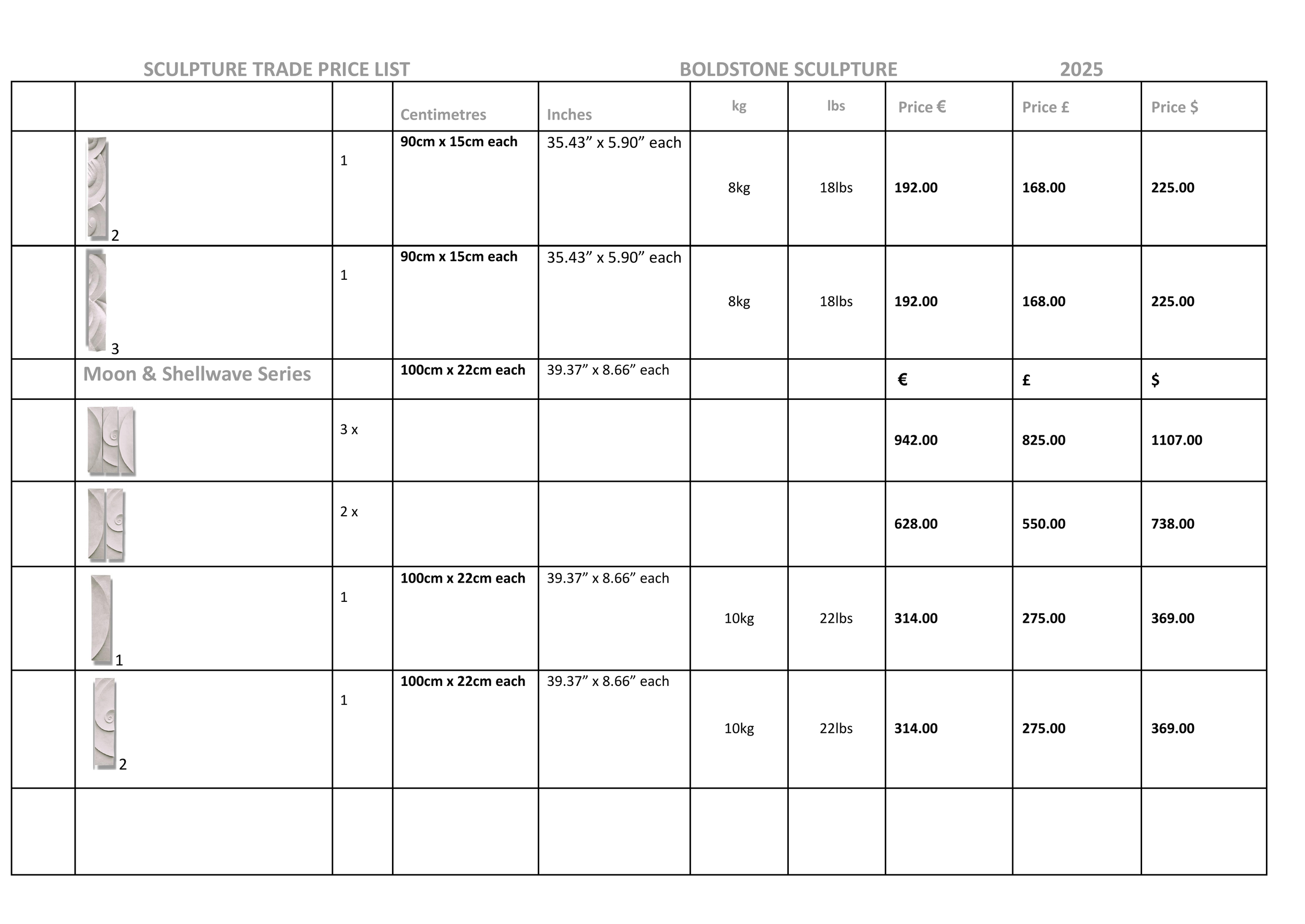 A detailed sculpture trade price list sheet for Boldstone Sculpture 2025, including images of sculptures, dimensions in centimeters and inches, weight in kg and lbs, and prices in euros, pounds, and dollars.