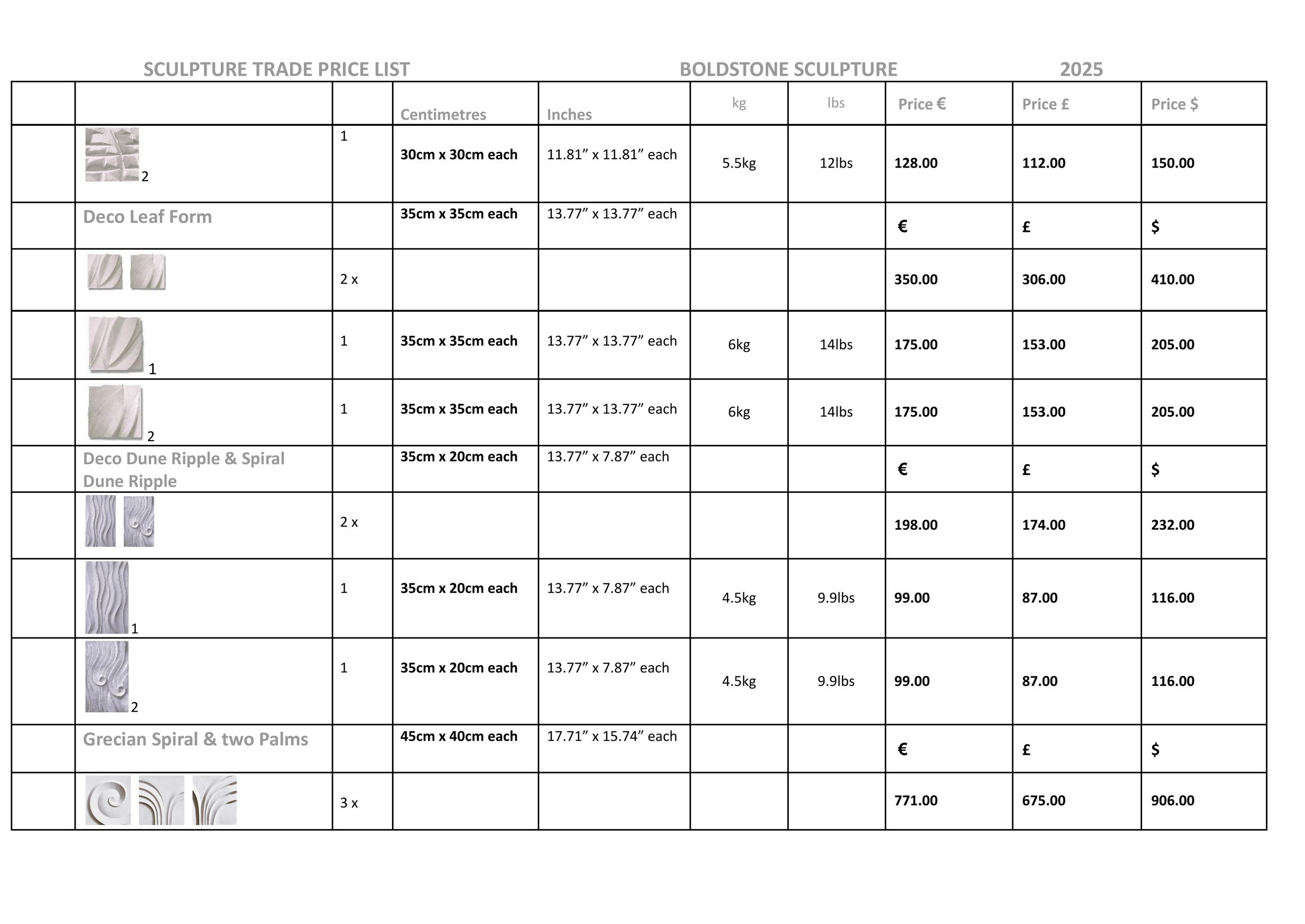 Table listing prices for sculpture trade items, including dimensions, weights, and prices in various currencies.