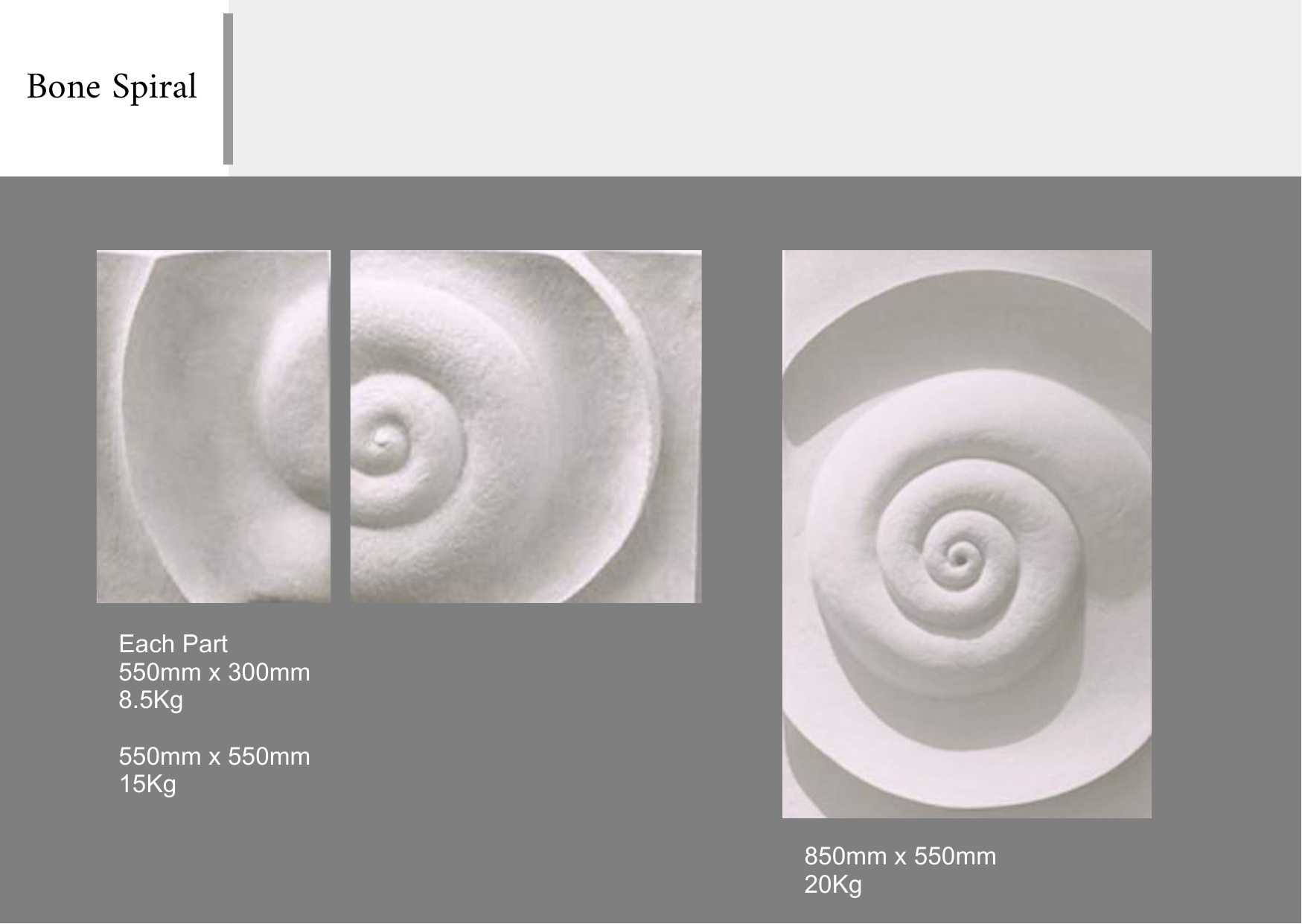 Diagram of a white spiral shell with measurements and weight specifications, labeled as 'Bone Spiral' with three parts of different sizes.