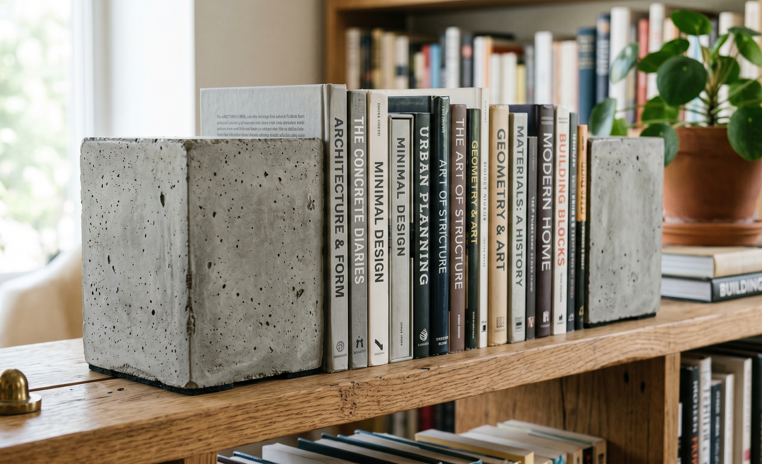 Industrial Concrete Bookends holding a row of books on a wooden shelf