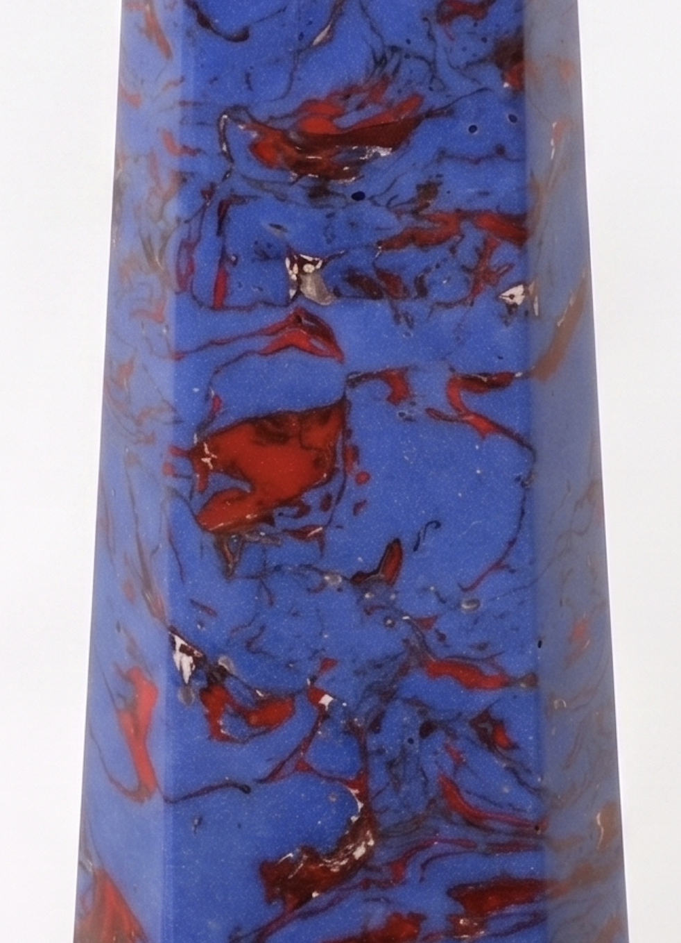 Close view of the Blue and Red Swirl Lamp Base showing the marbled blue and rust surface