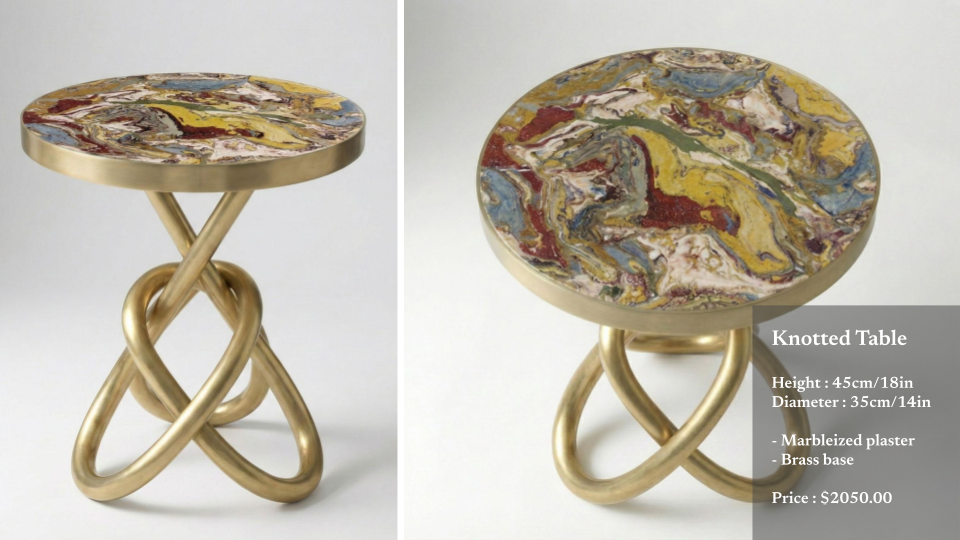 A small round knotted table with a marbleized plaster top and a brass base, measuring 45cm in height and 35cm in diameter, priced at $2050.